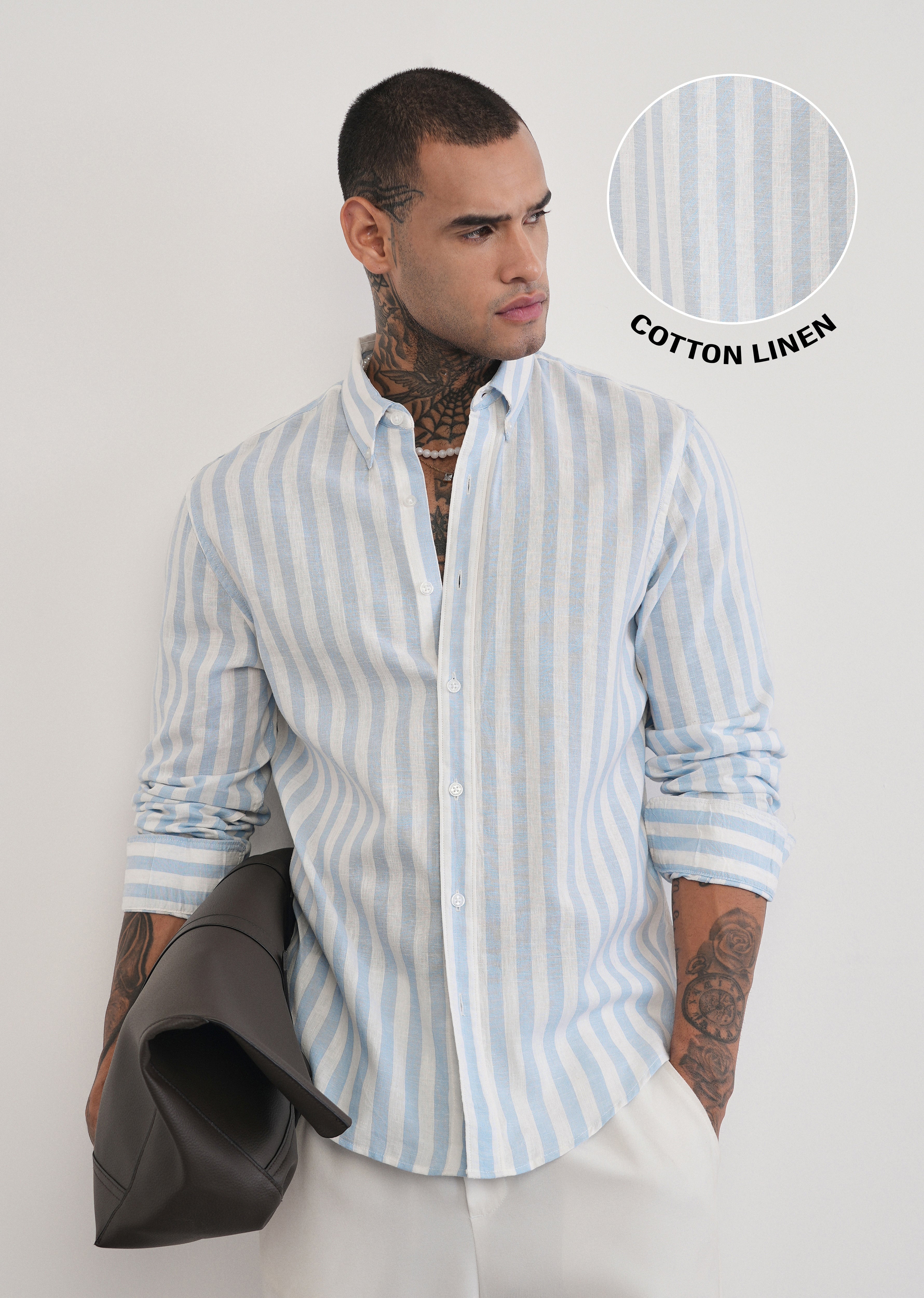 Blue Lyocell Linen Blend Stripe Shirt
