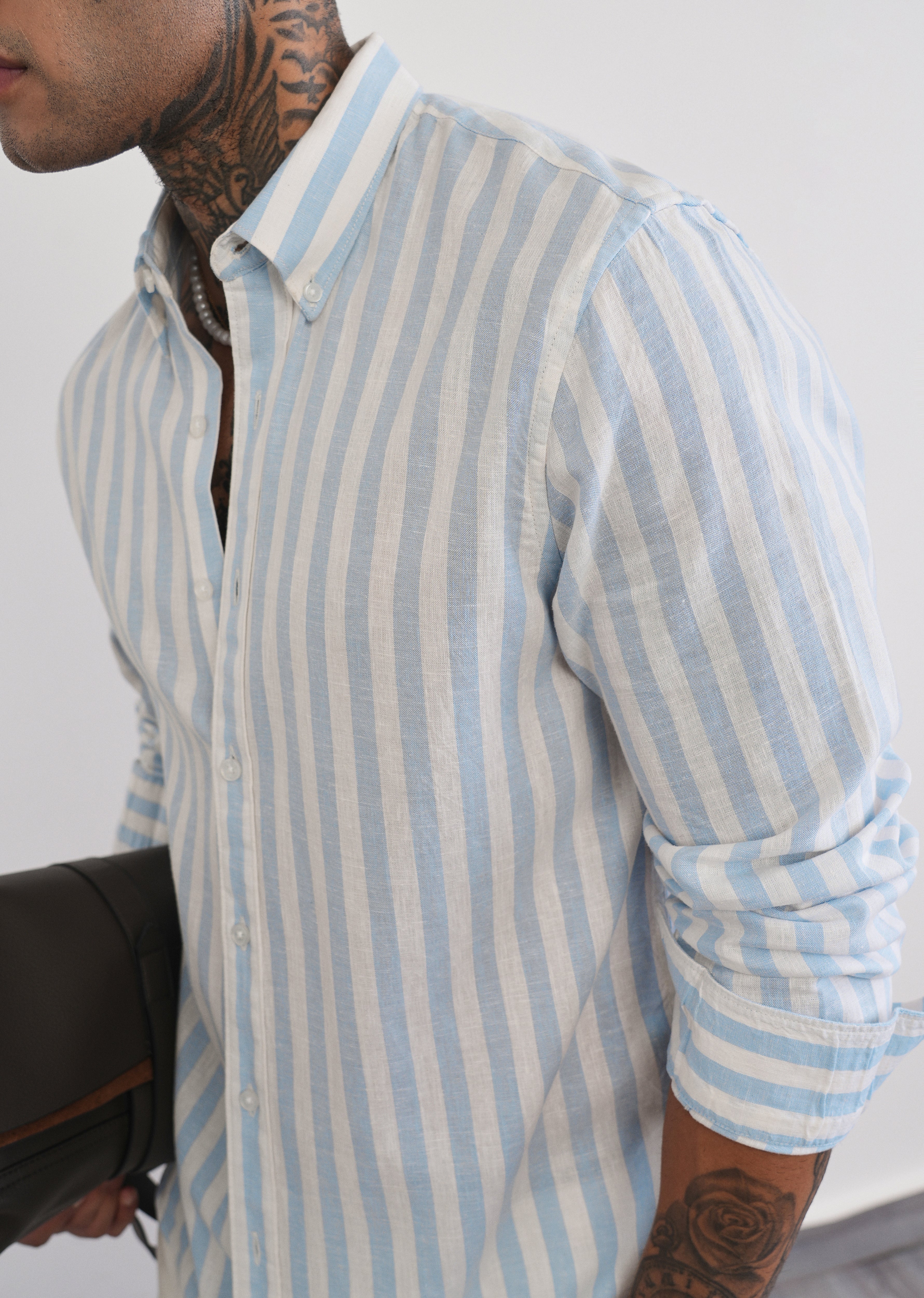Blue Lyocell Linen Blend Stripe Shirt