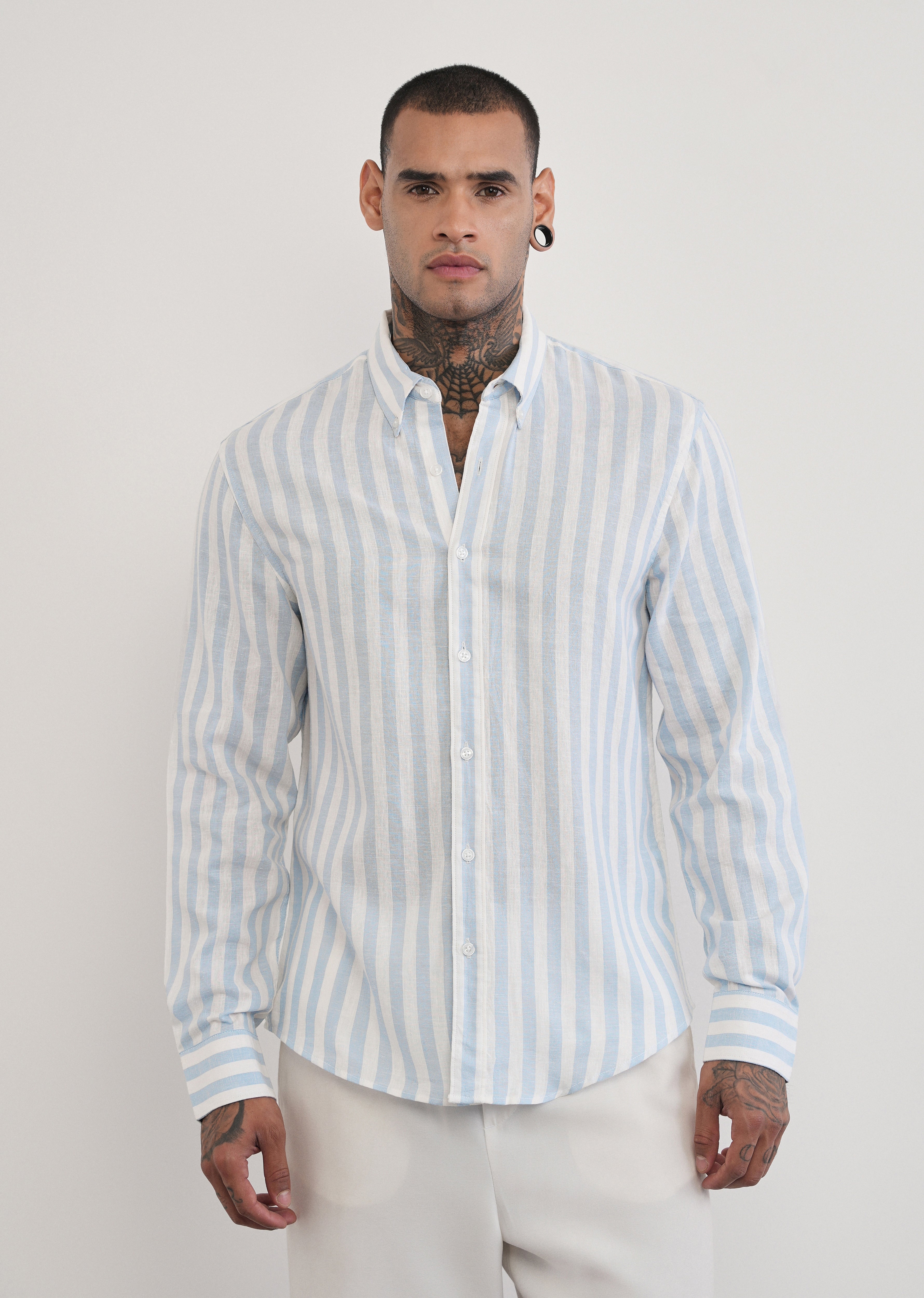 Blue Lyocell Linen Blend Stripe Shirt