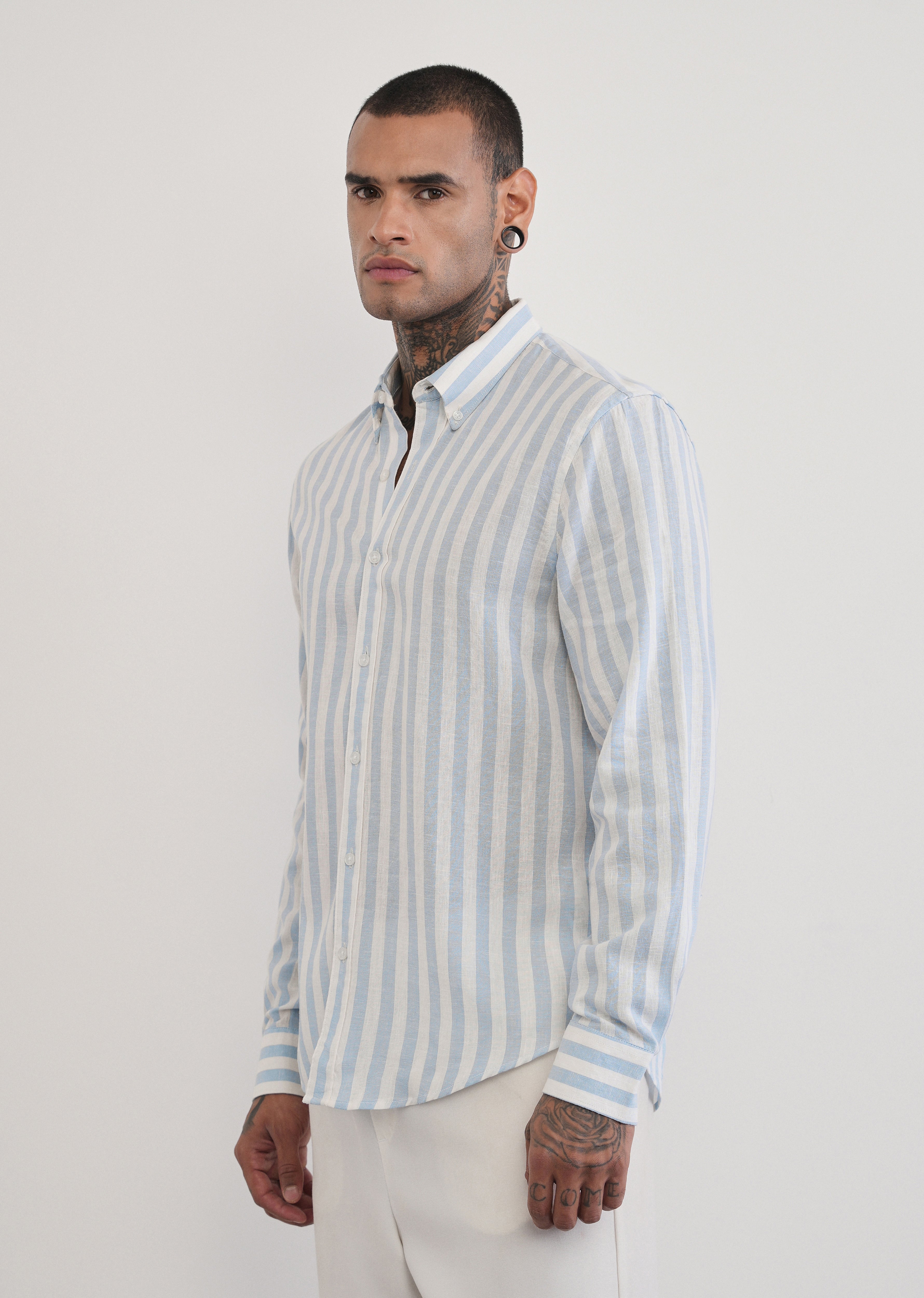 Blue Lyocell Linen Blend Stripe Shirt