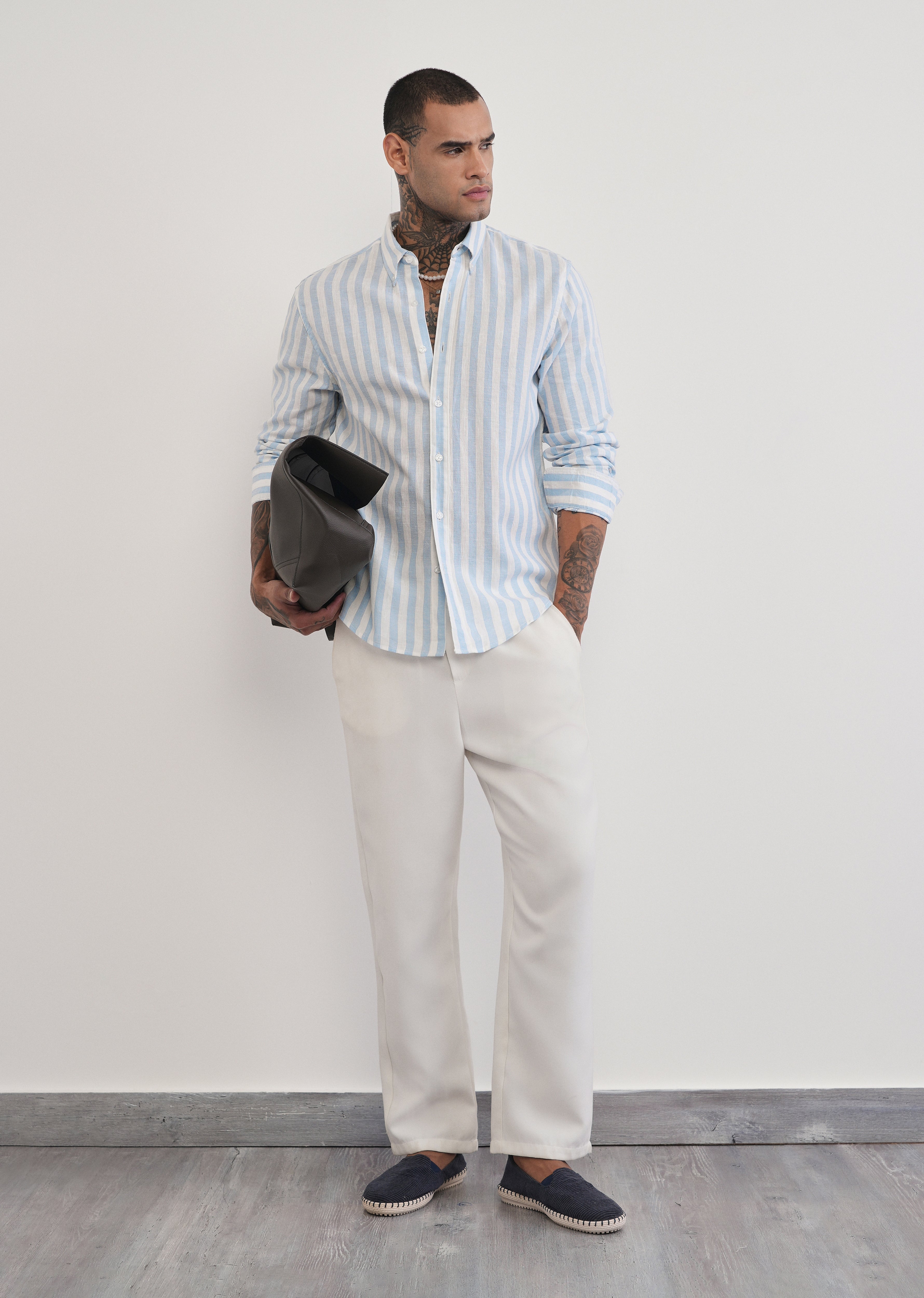 Blue Lyocell Linen Blend Stripe Shirt