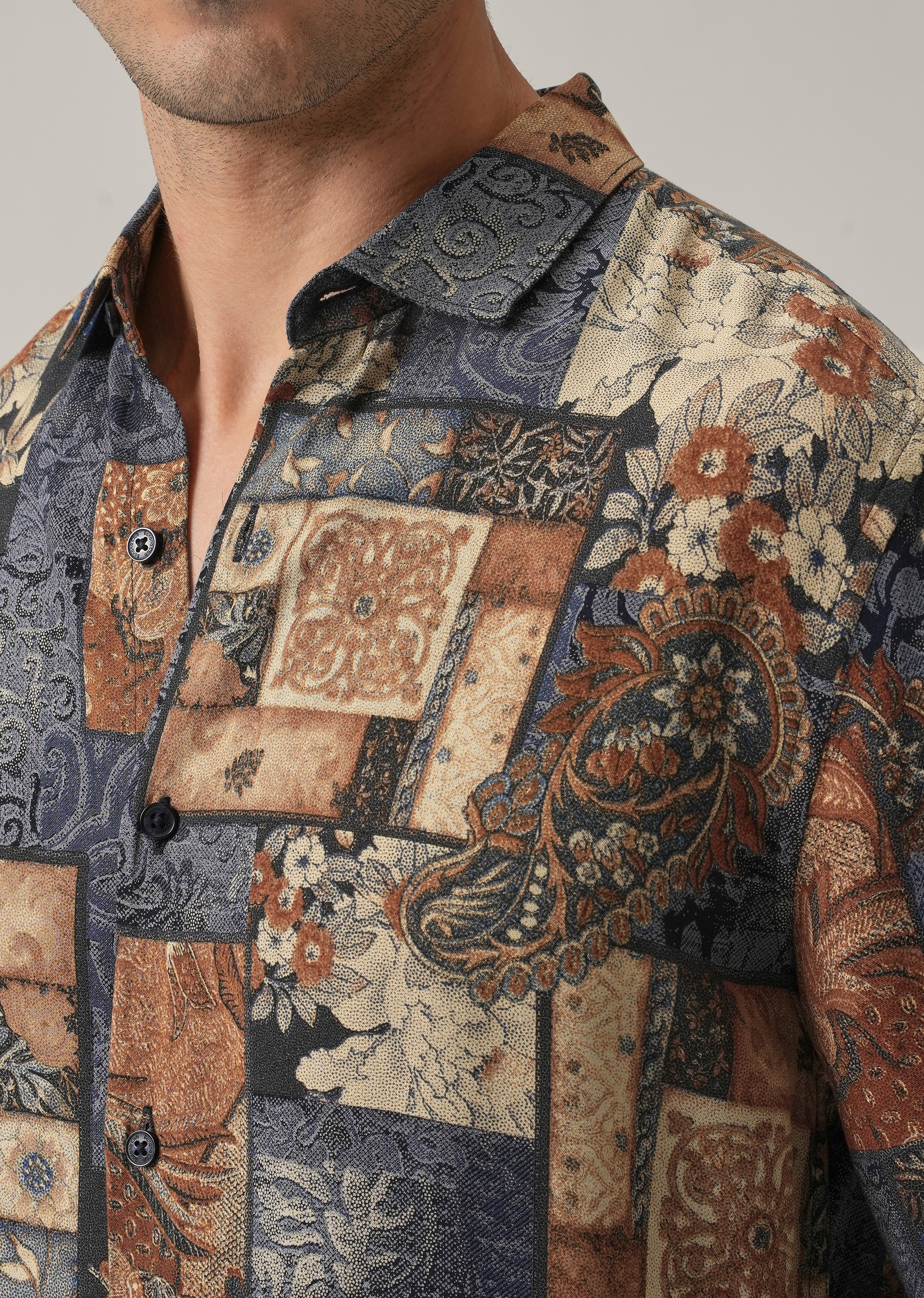 Blue Mosaic Print Feather Shirt