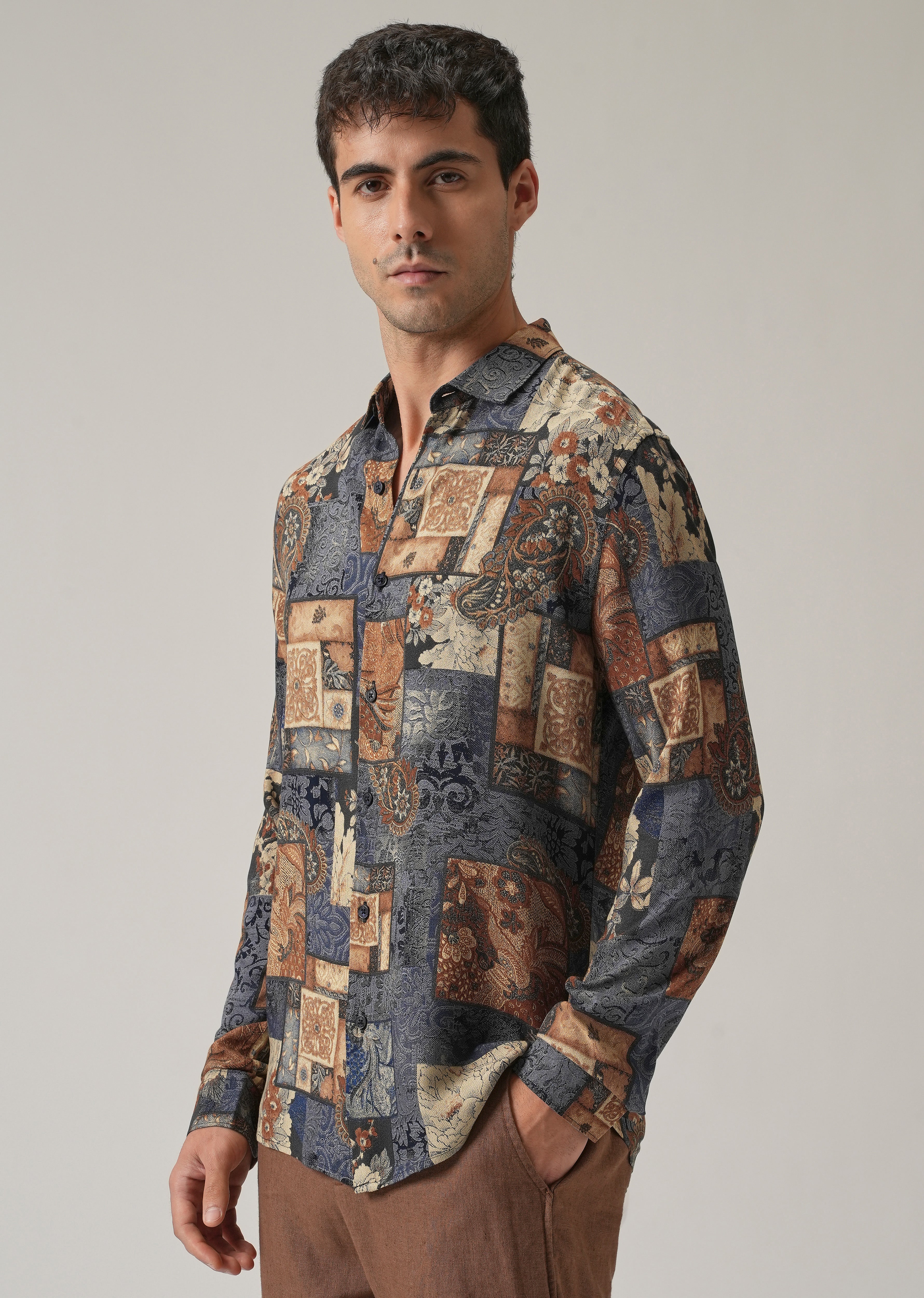 Blue Mosaic Print Feather Shirt