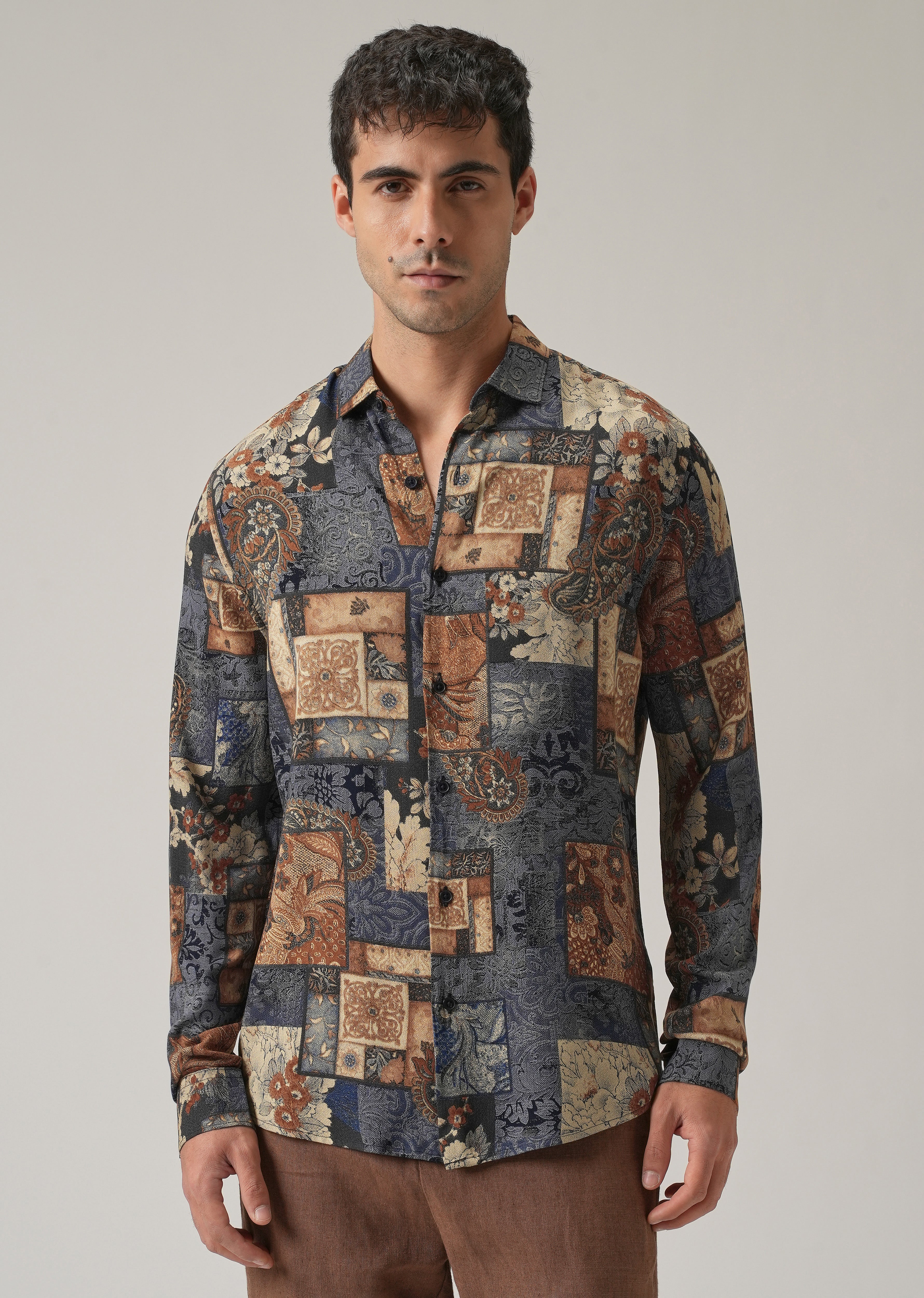 Blue Mosaic Print Feather Shirt