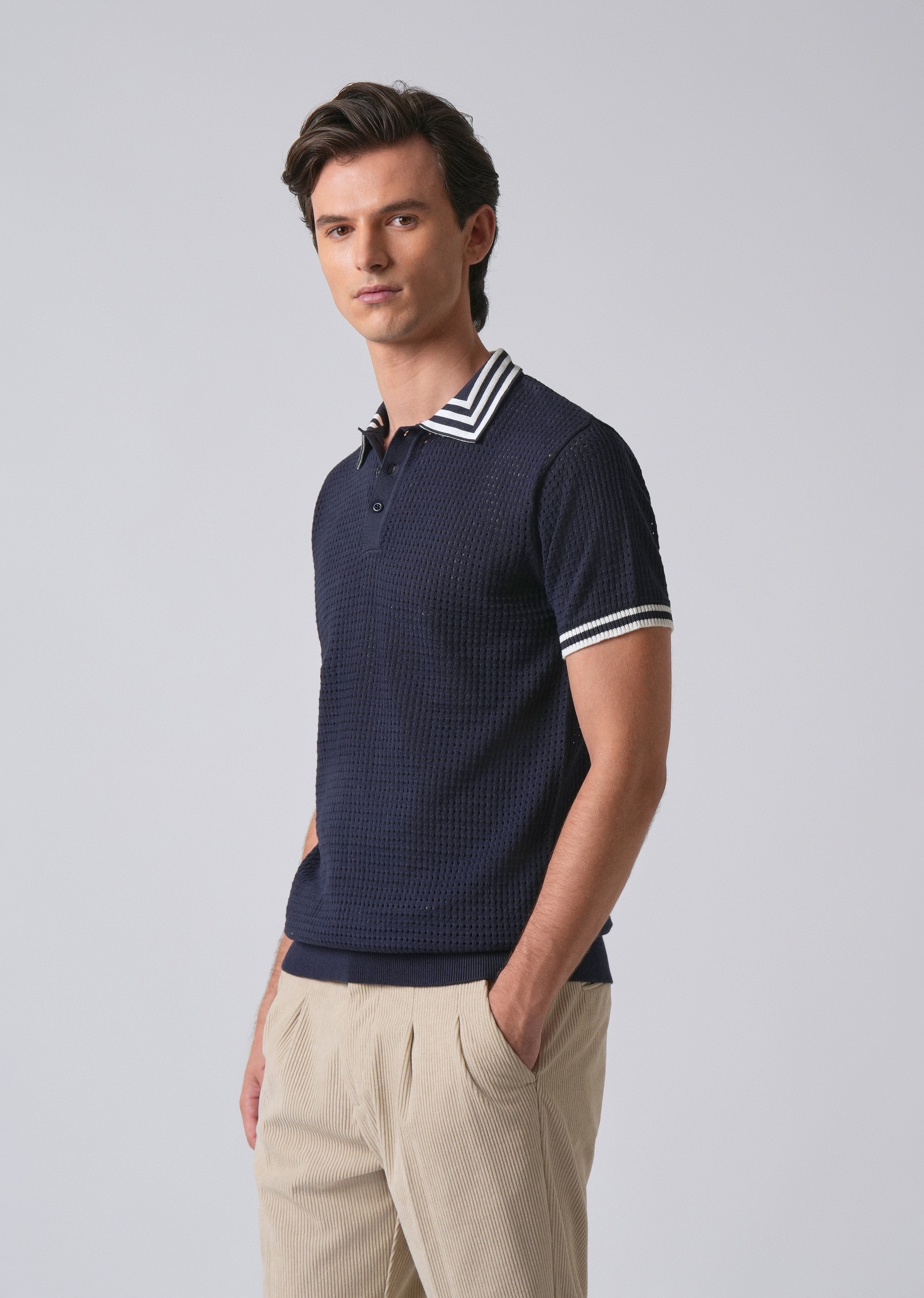 Blue Open Knitted Polo T-shirt