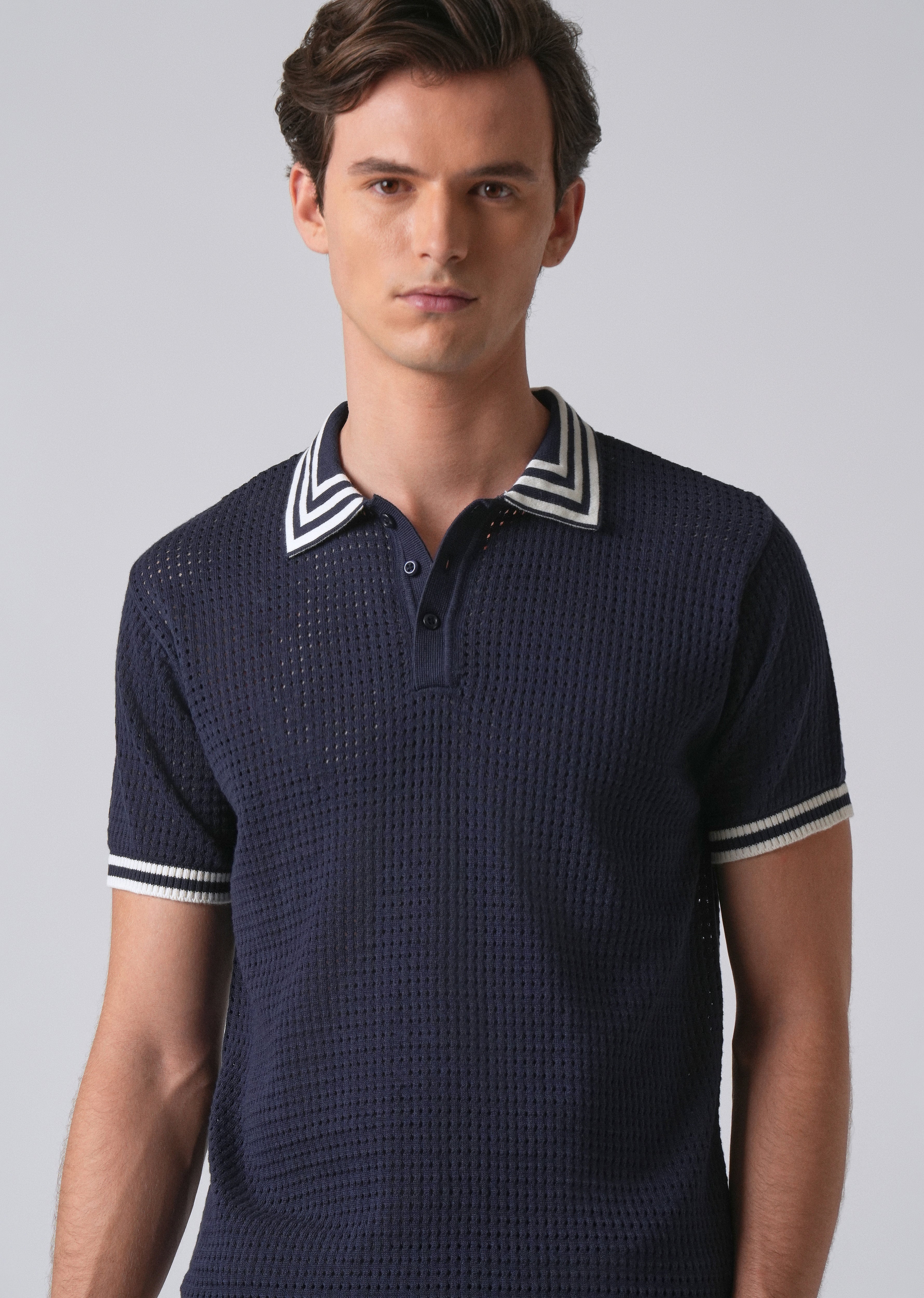 Blue Open Knitted Polo T-shirt