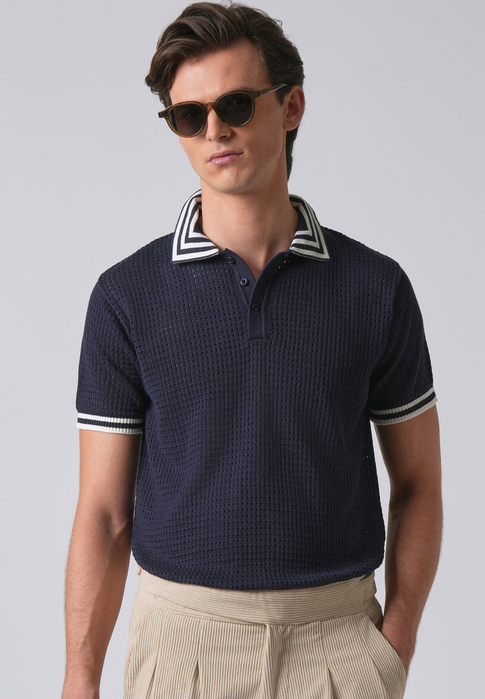 Blue Open Knitted Polo T-shirt