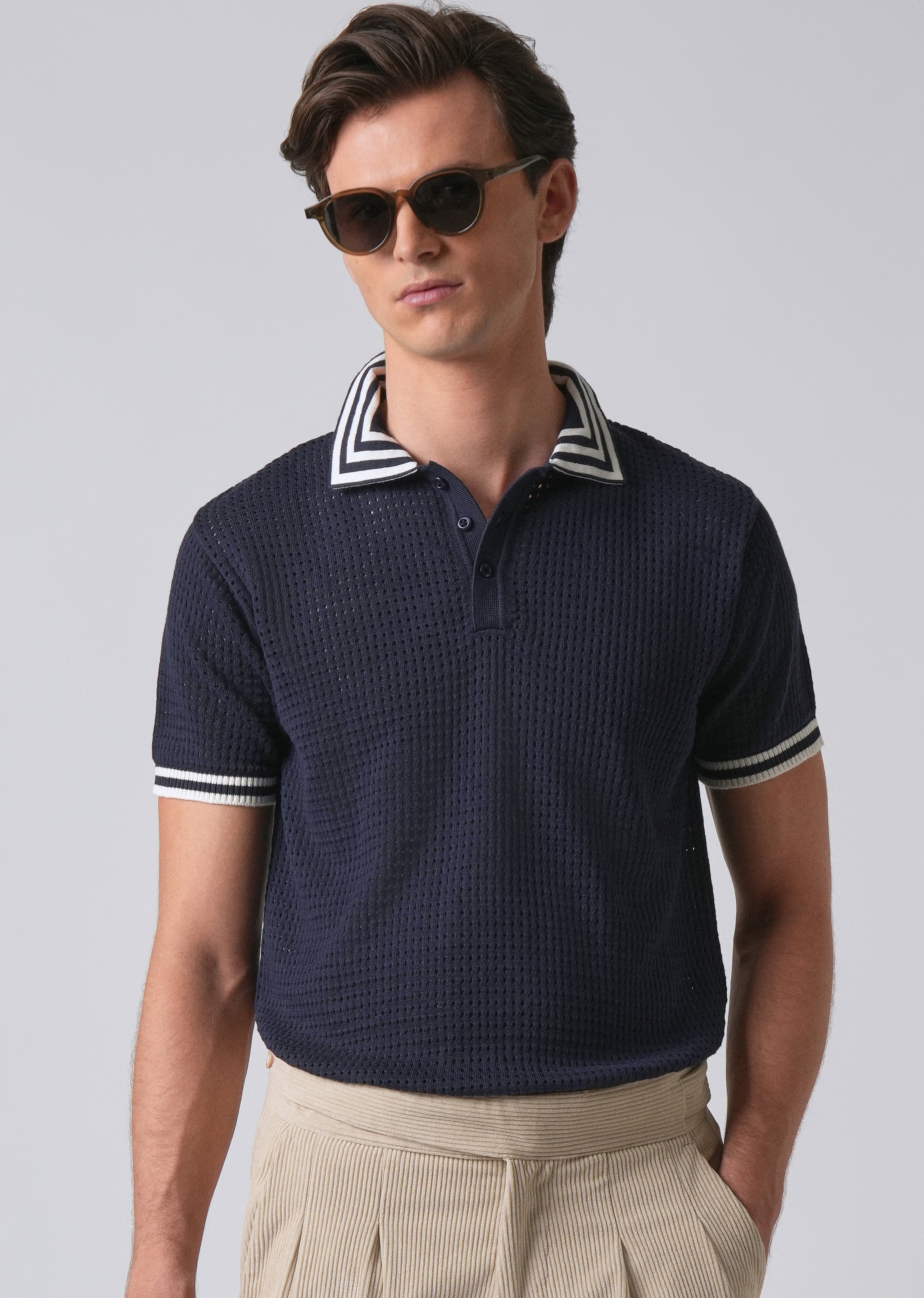 Blue Open Knitted Polo T-shirt