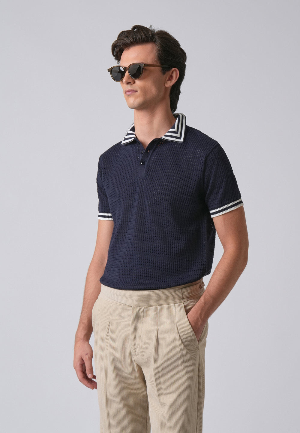 Blue Open Knitted Polo T-shirt