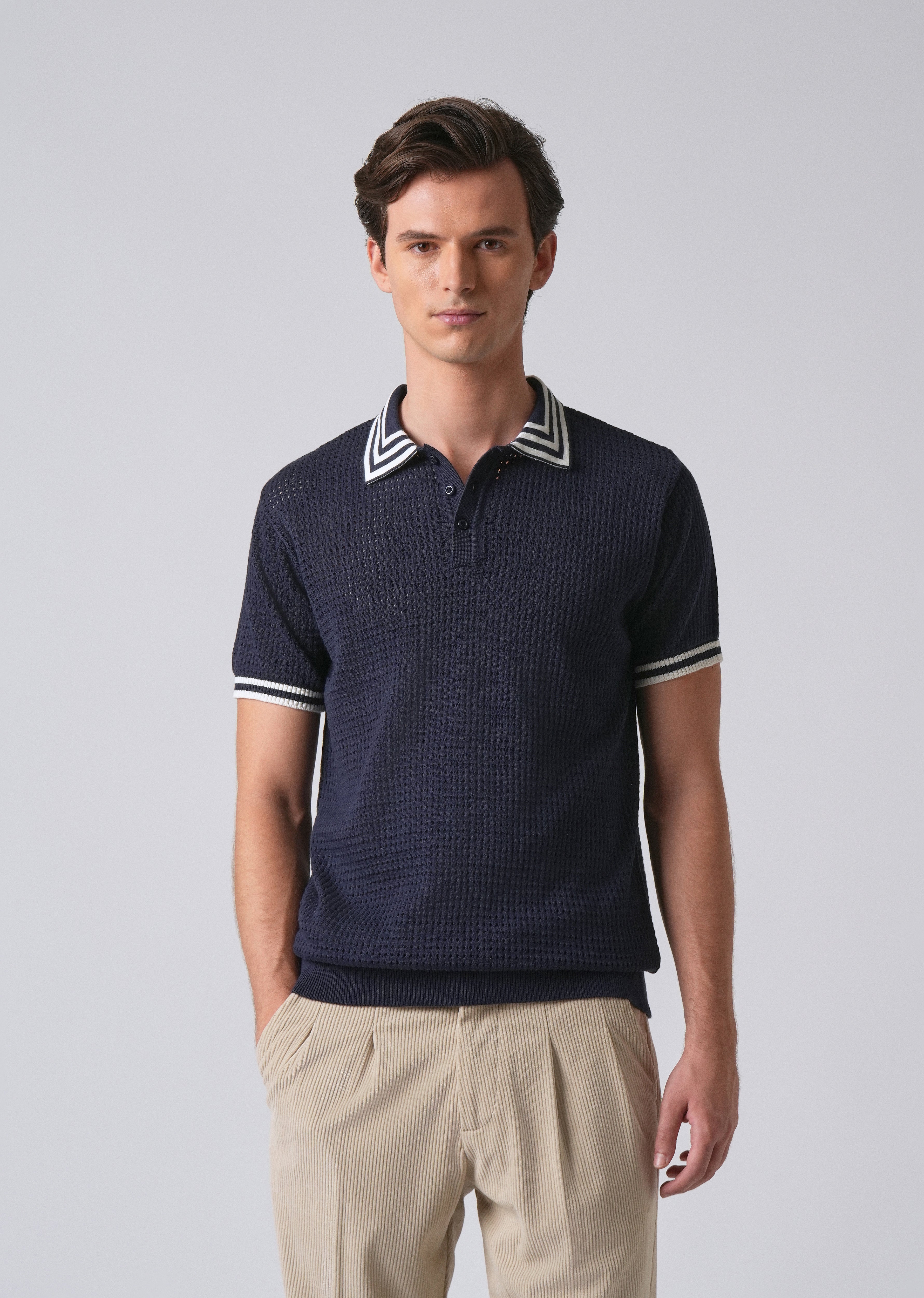 Blue Open Knitted Polo T-shirt