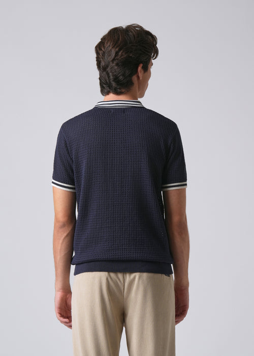 Blue Open Knitted Polo T-shirt