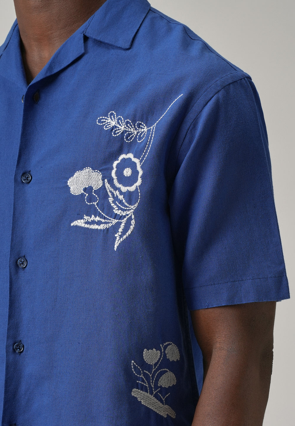 Blue Pattern Embroidery Linen Shirt