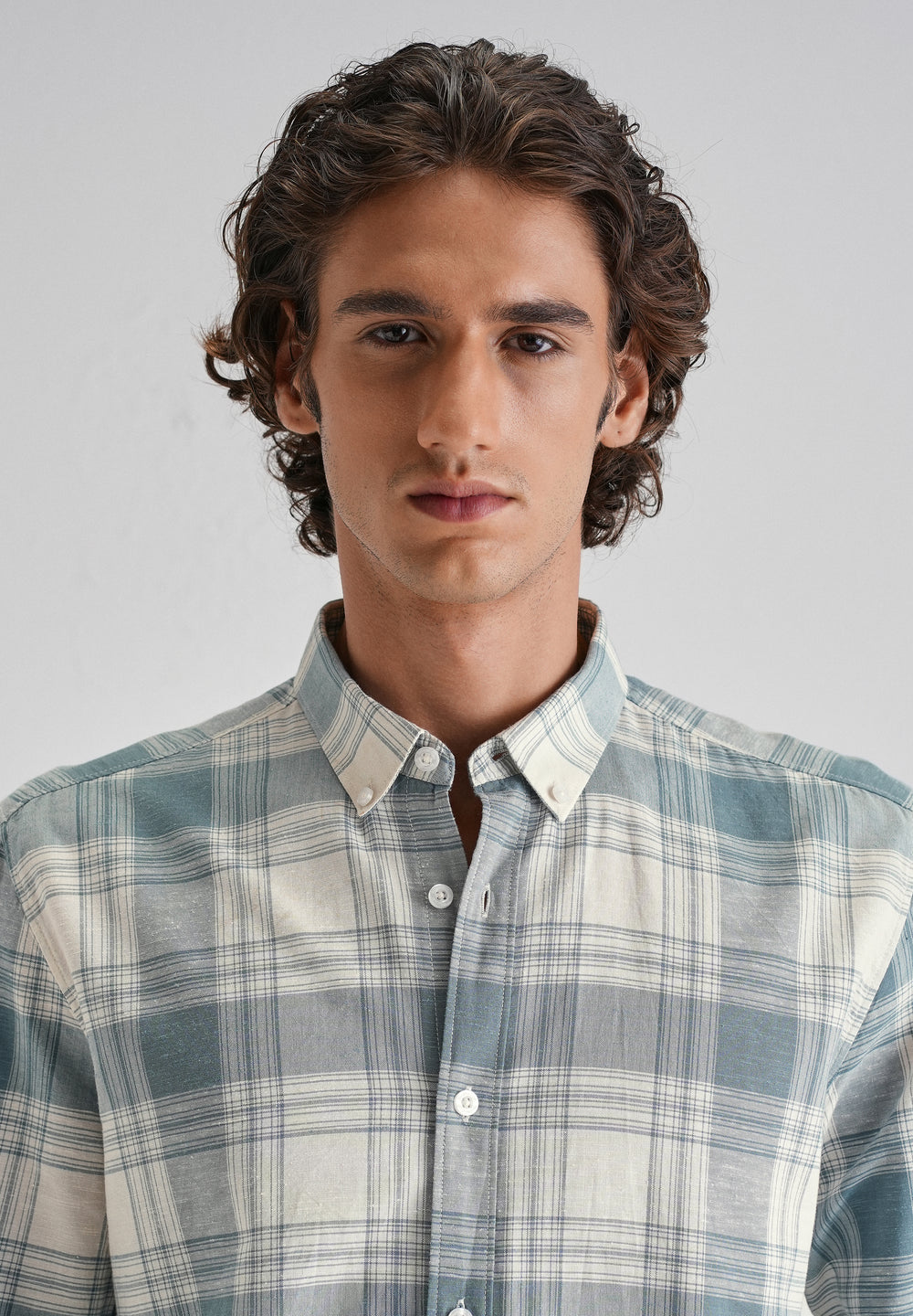Blue Plaid Checked Cotton Linen Shirt