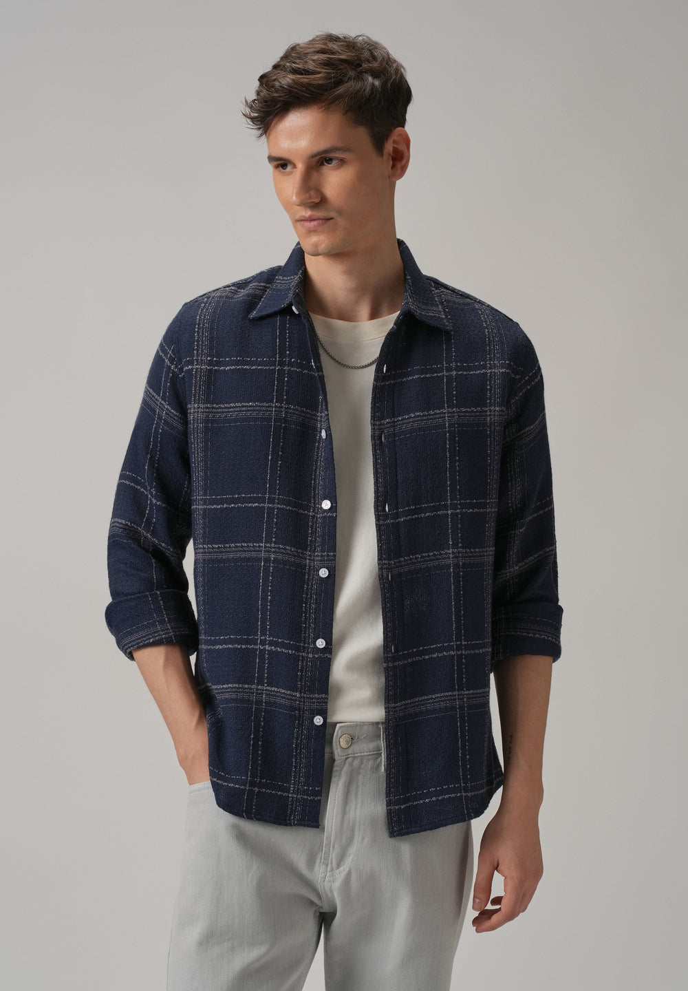 Blue Plaid Textured Cotton Check Shirt