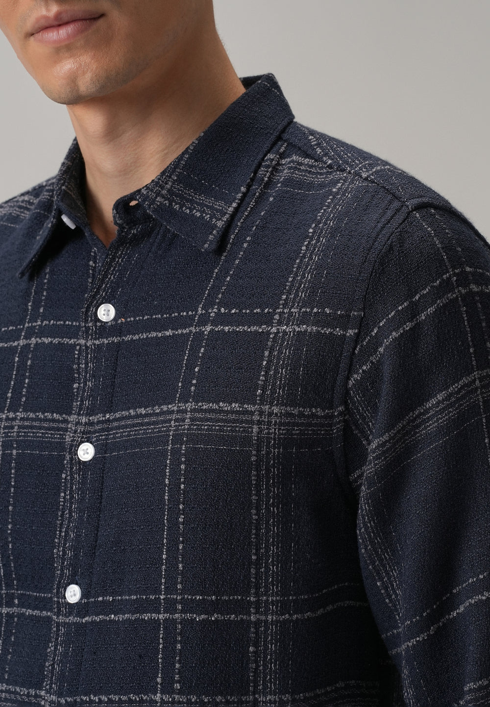 Blue Plaid Textured Cotton Check Shirt