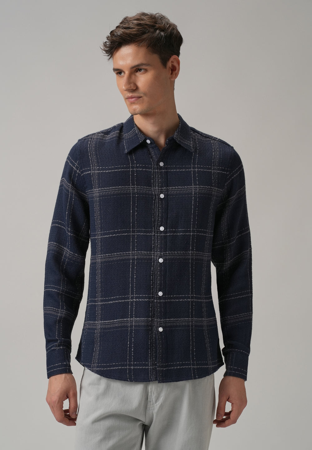 Blue Plaid Textured Cotton Check Shirt