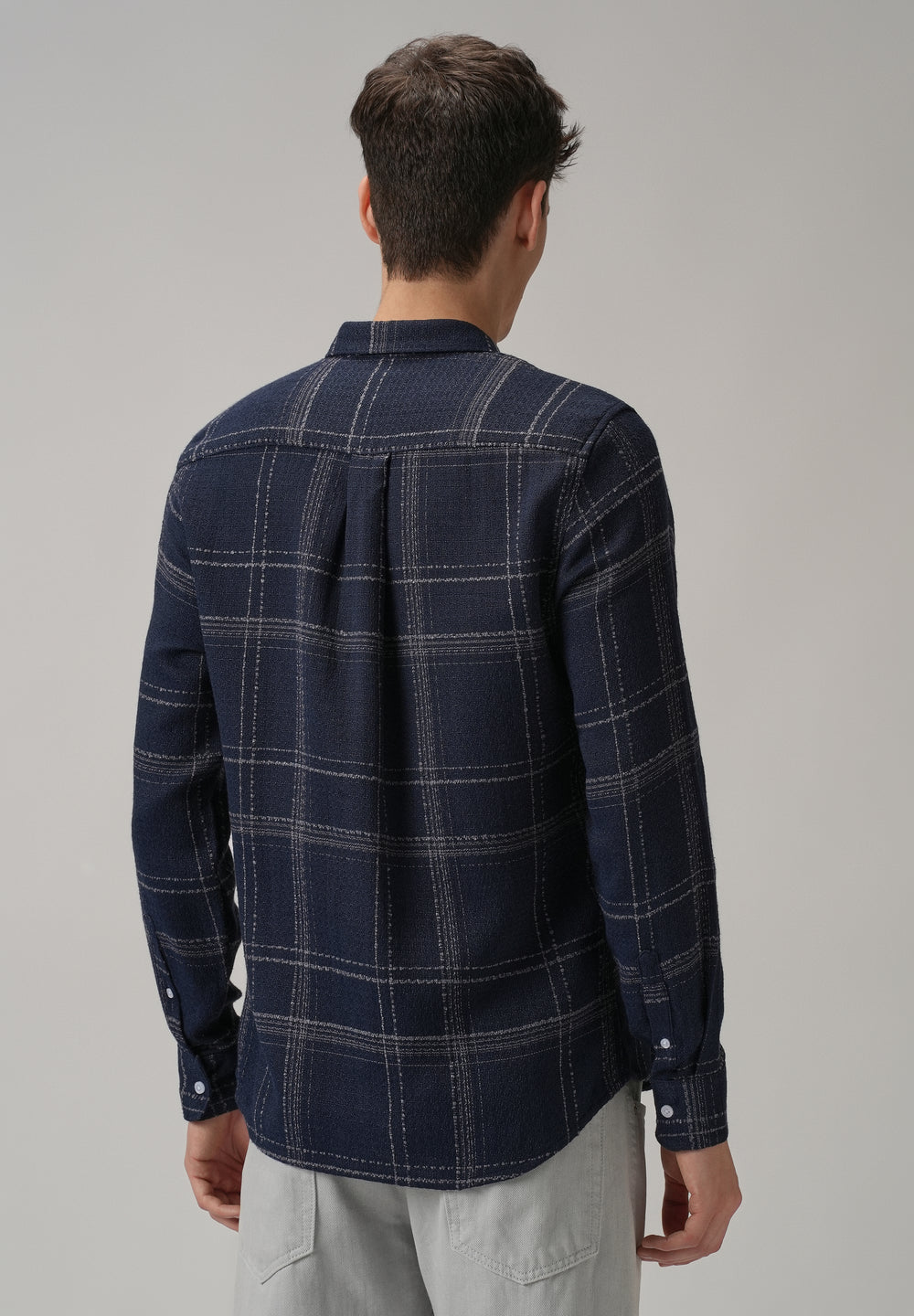 Blue Plaid Textured Cotton Check Shirt