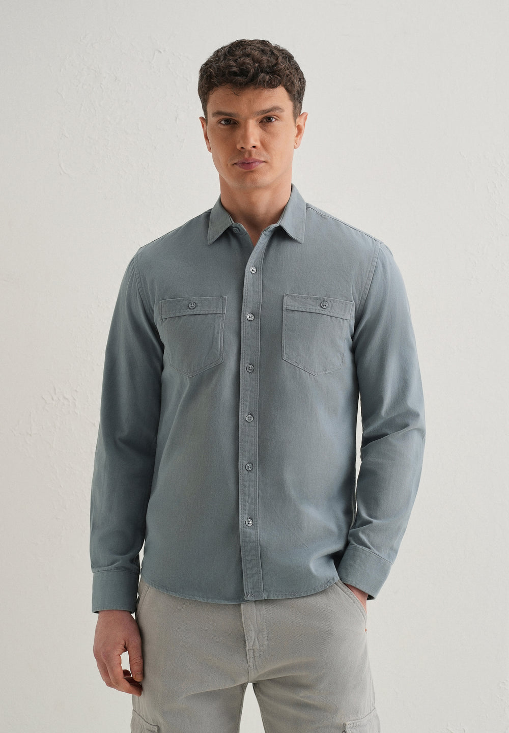 Blue Plain Double Pocket Shirt