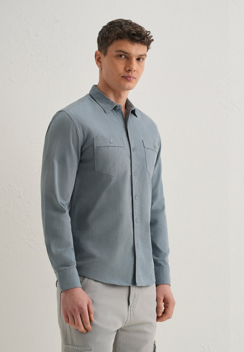 Blue Plain Double Pocket Shirt
