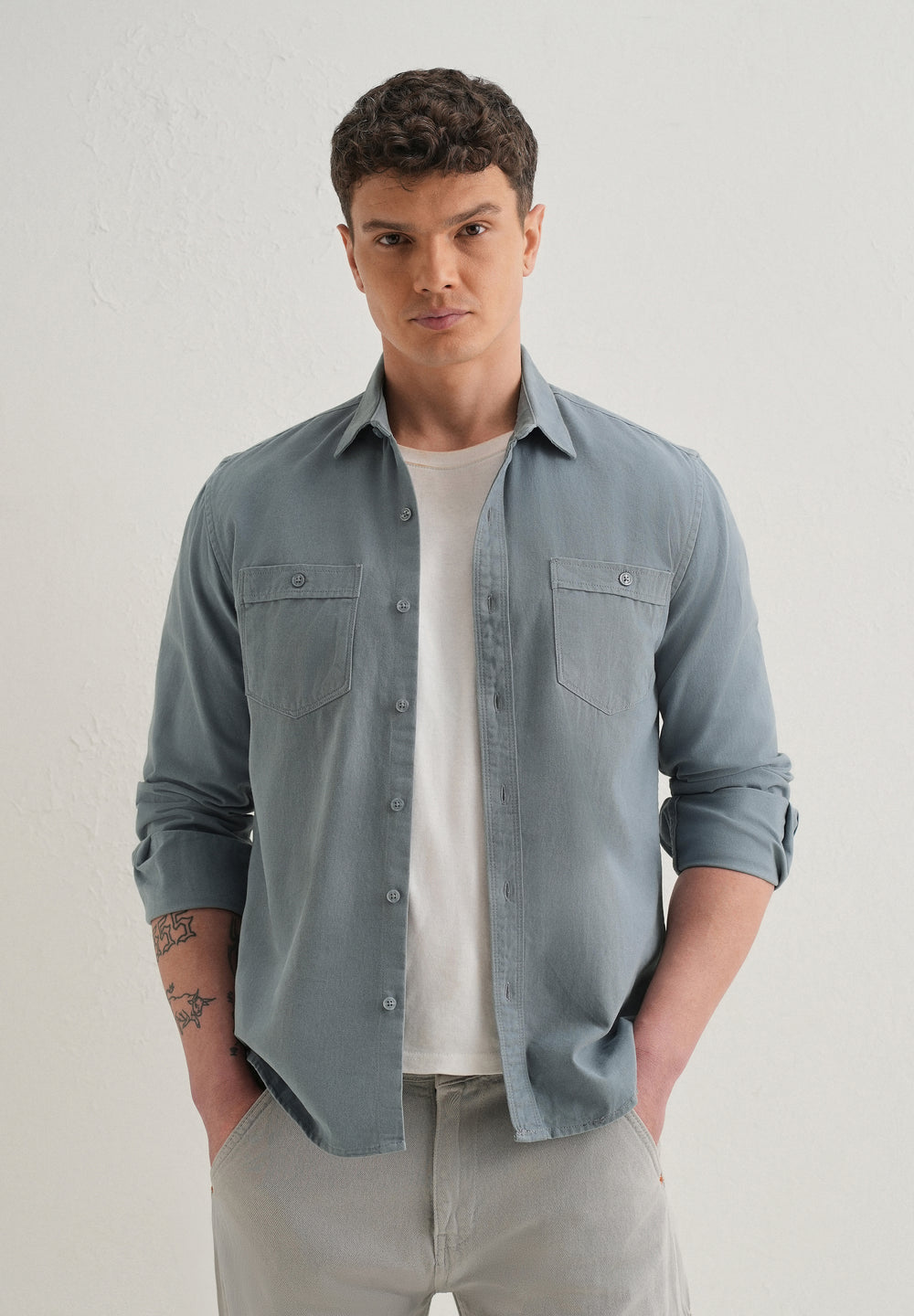 Blue Plain Double Pocket Shirt