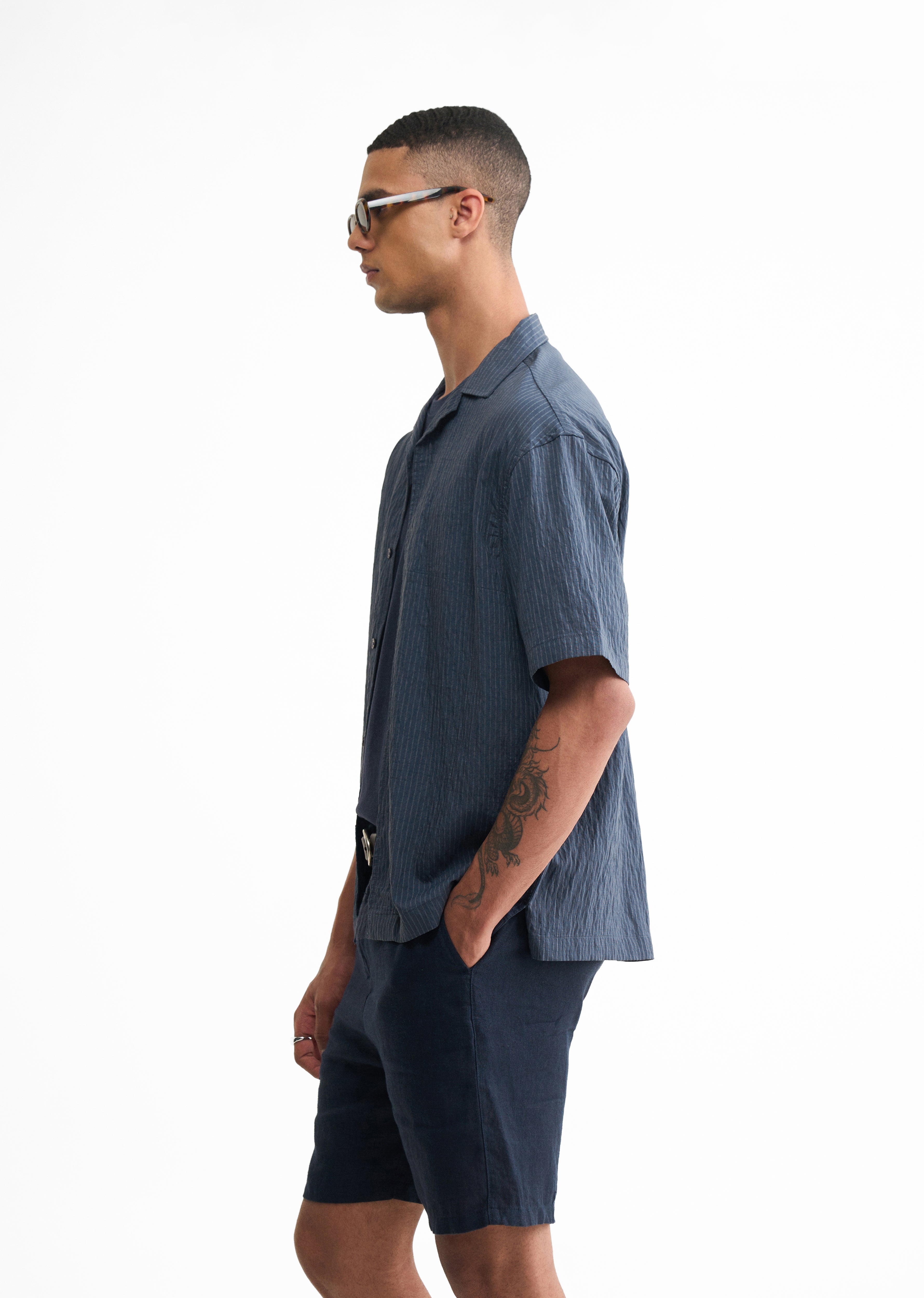 Blue Pleated-Back Stripe Shirt