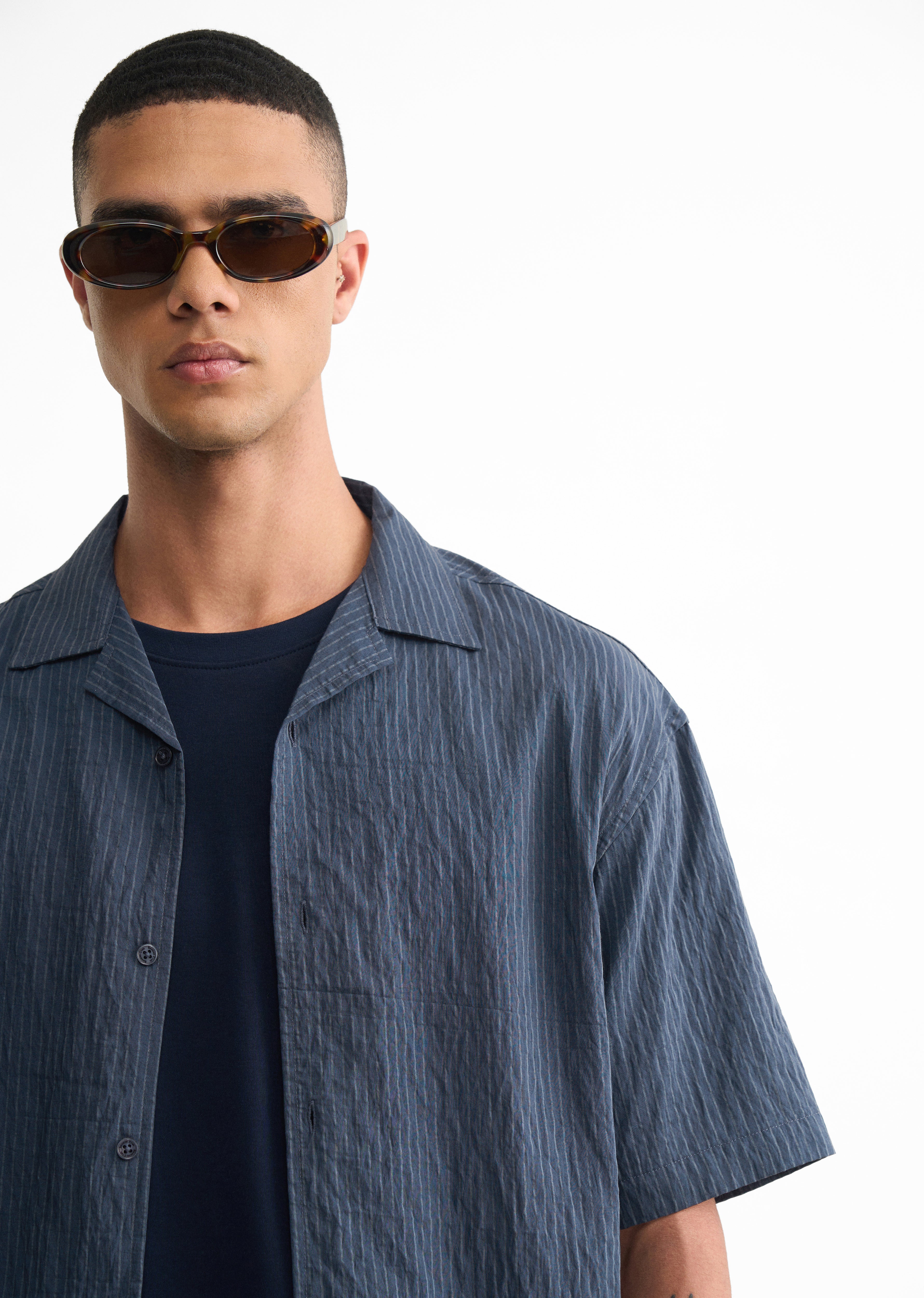Blue Pleated-Back Stripe Shirt