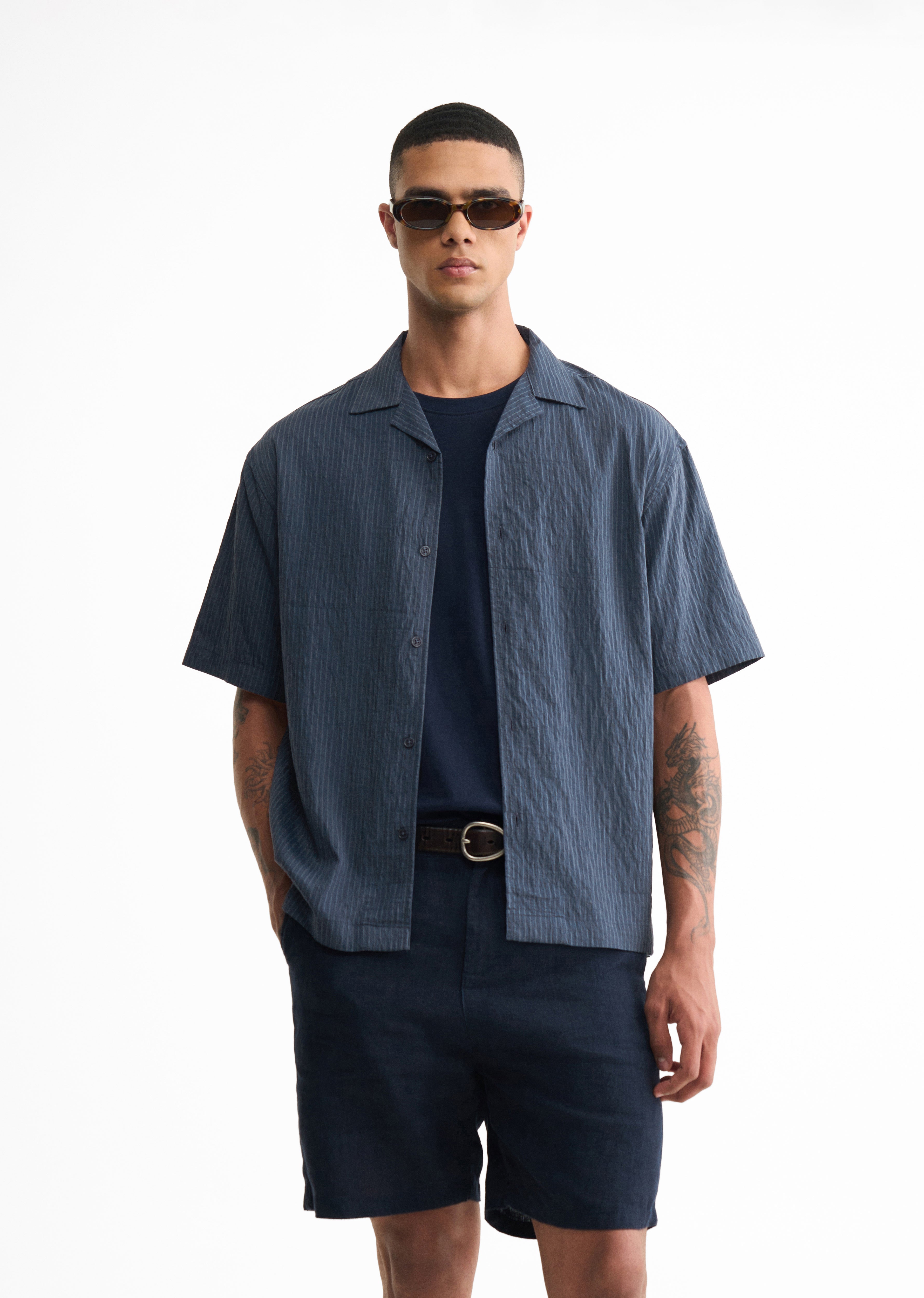 Blue Pleated-Back Stripe Shirt