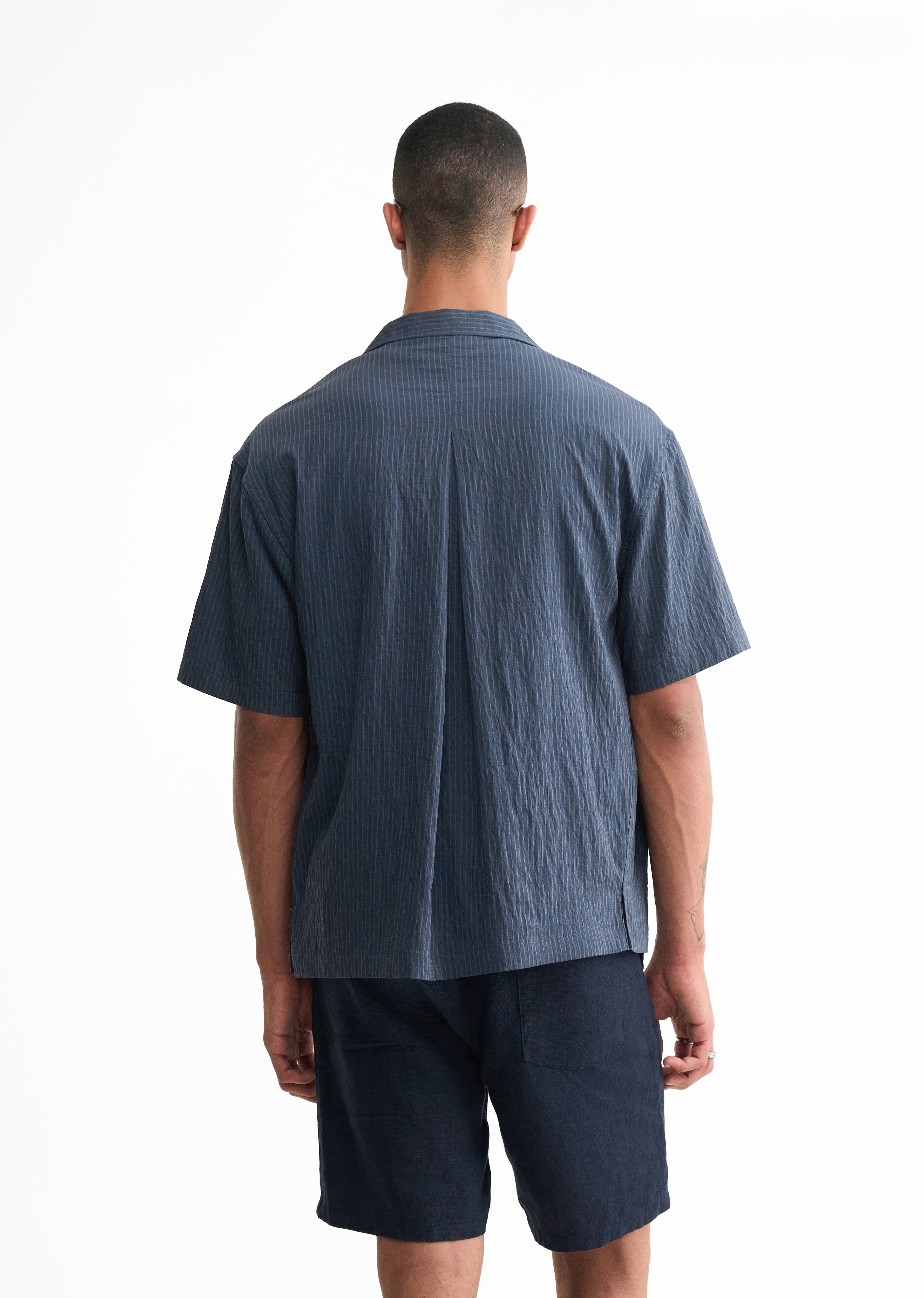 Blue Pleated-Back Stripe Shirt