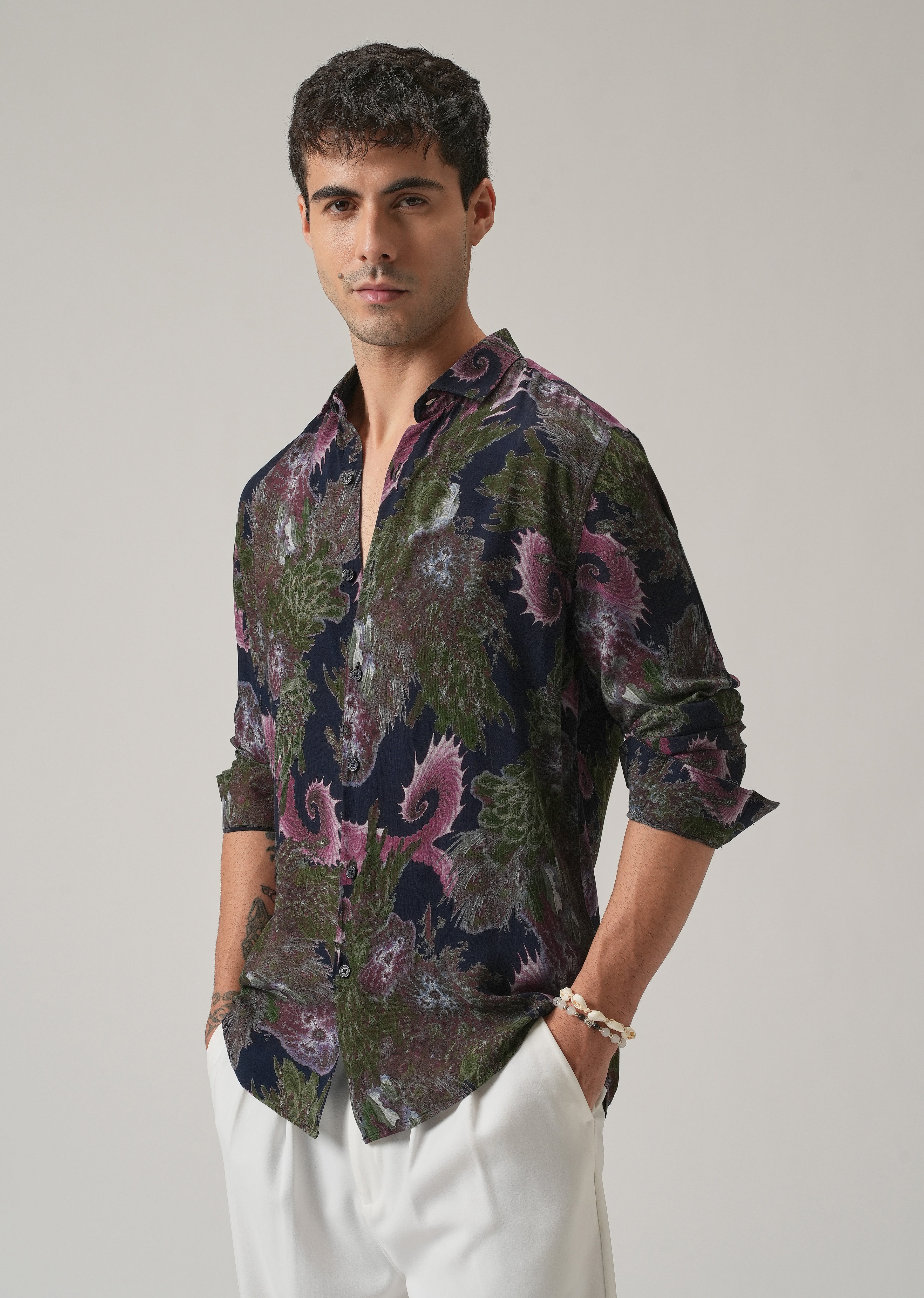 Blue Prickly Flora Print Feather Shirt