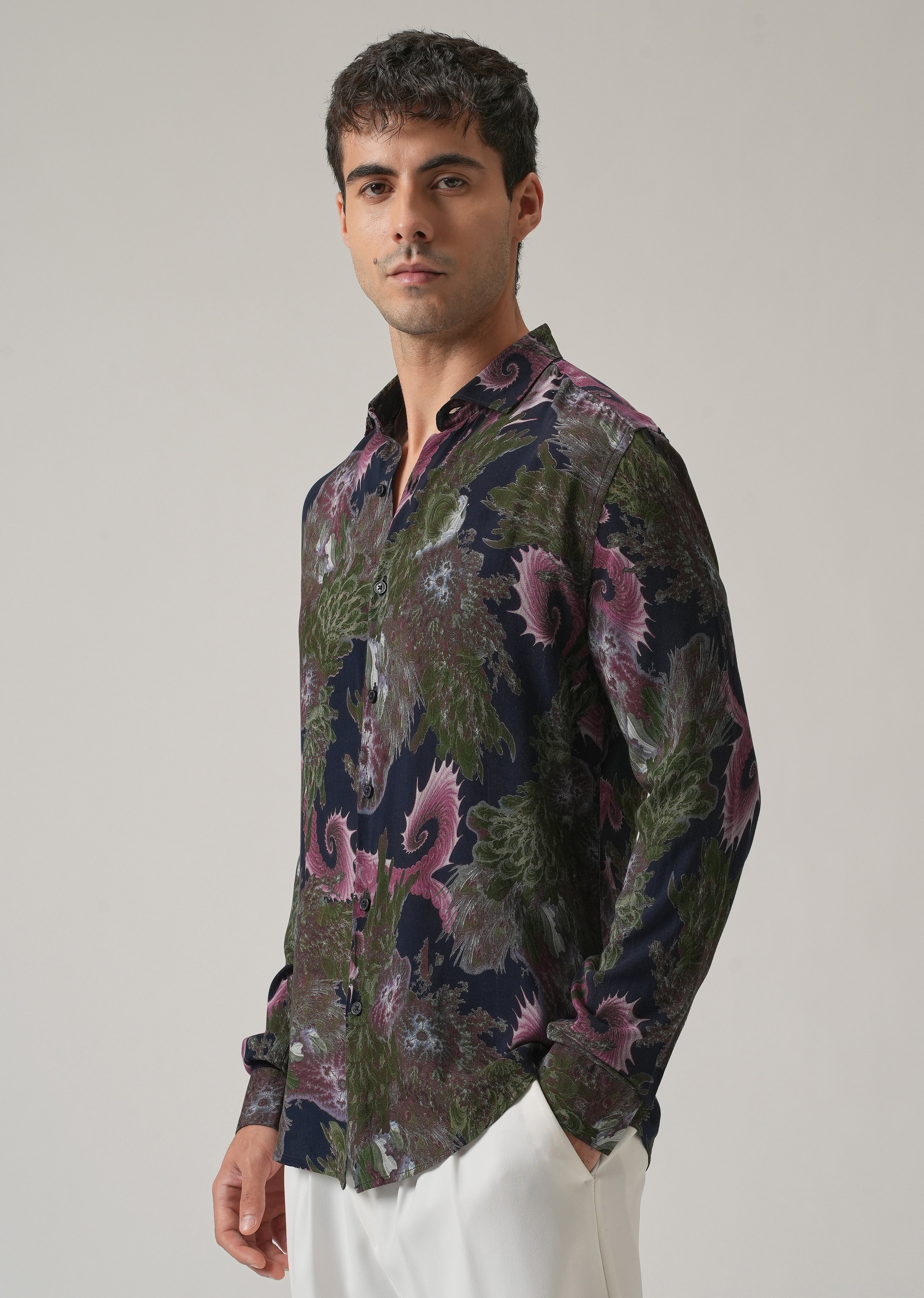 Blue Prickly Flora Print Feather Shirt