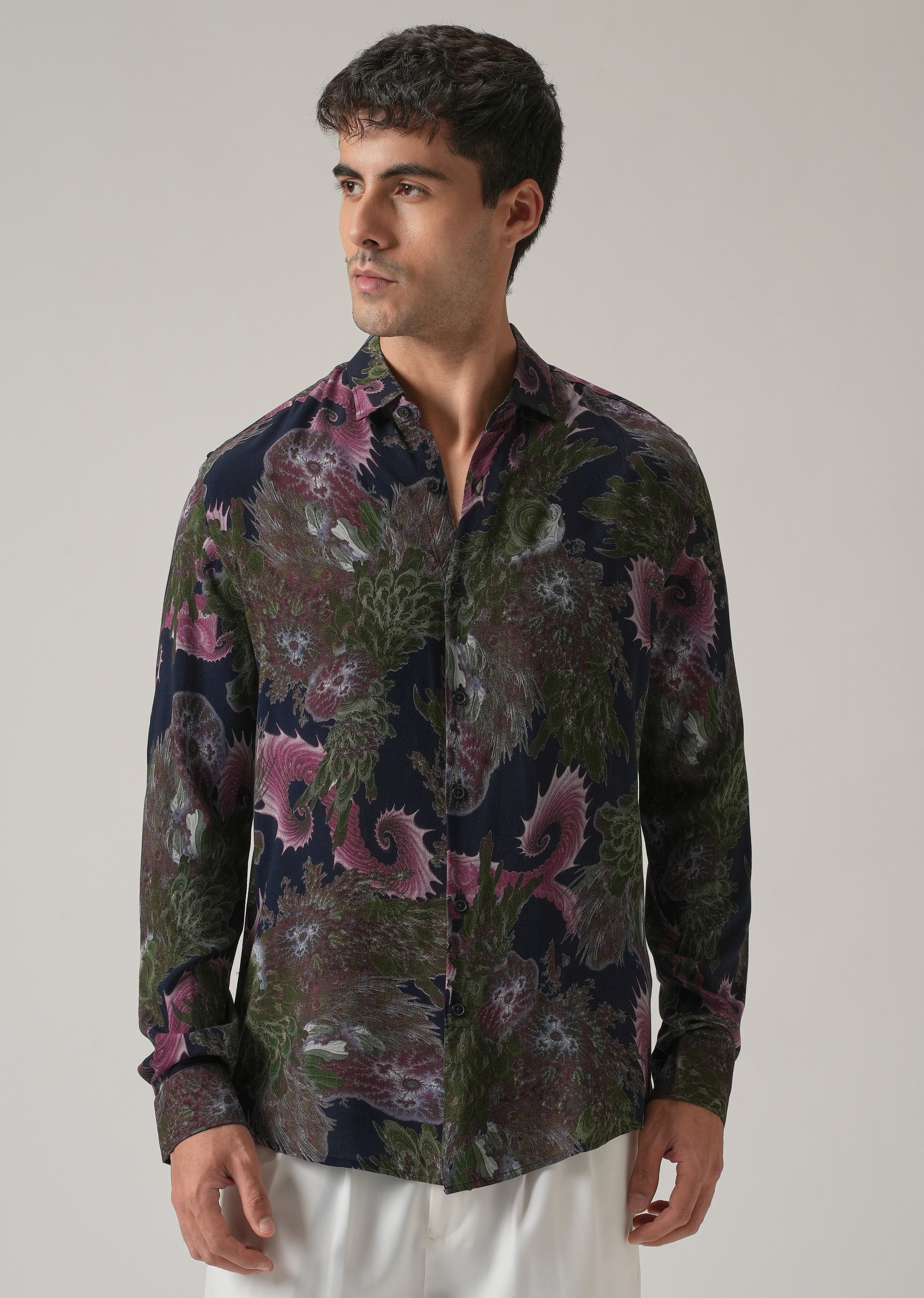 Blue Prickly Flora Print Feather Shirt