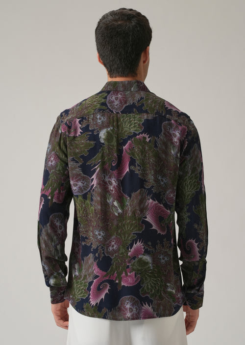 Blue Prickly Flora Print Feather Shirt