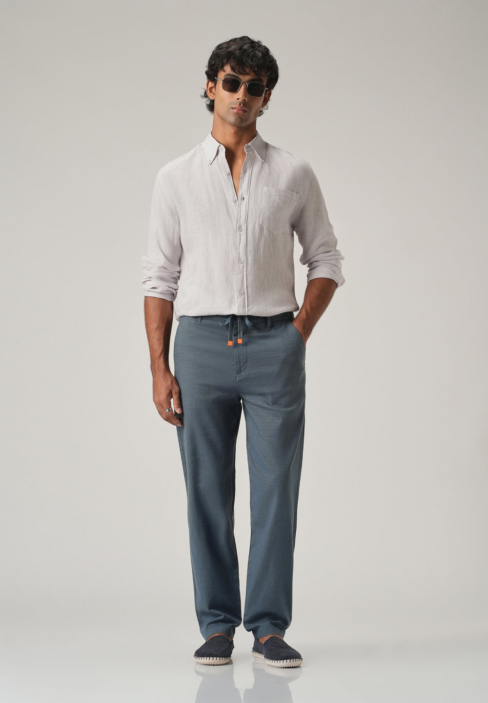 Blue Linen-Look Cotton Trousers