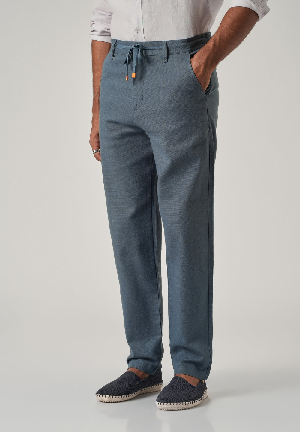 Blue Linen-Look Cotton Trousers
