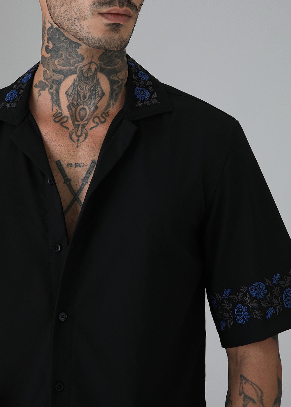 Blue Rose Embroidery Black Shirt