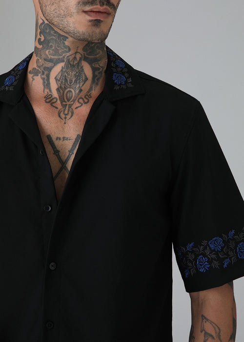 Blue Rose Embroidery Black Shirt