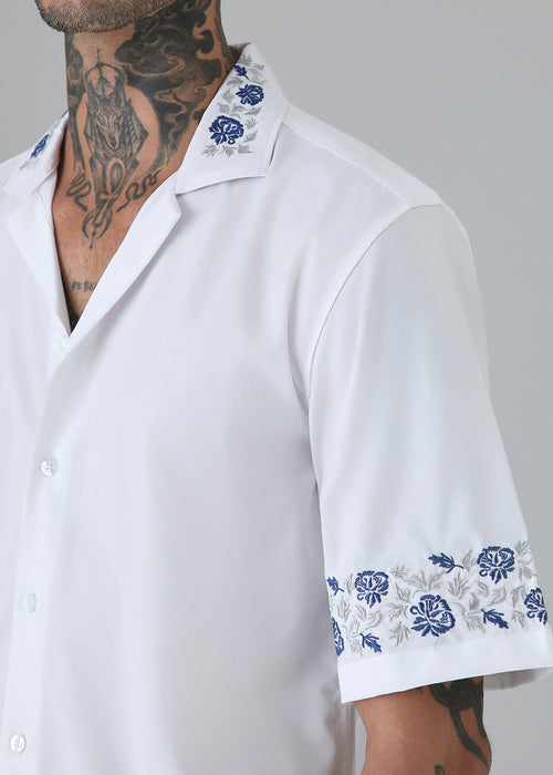 Blue Rose Embroidery White Shirt