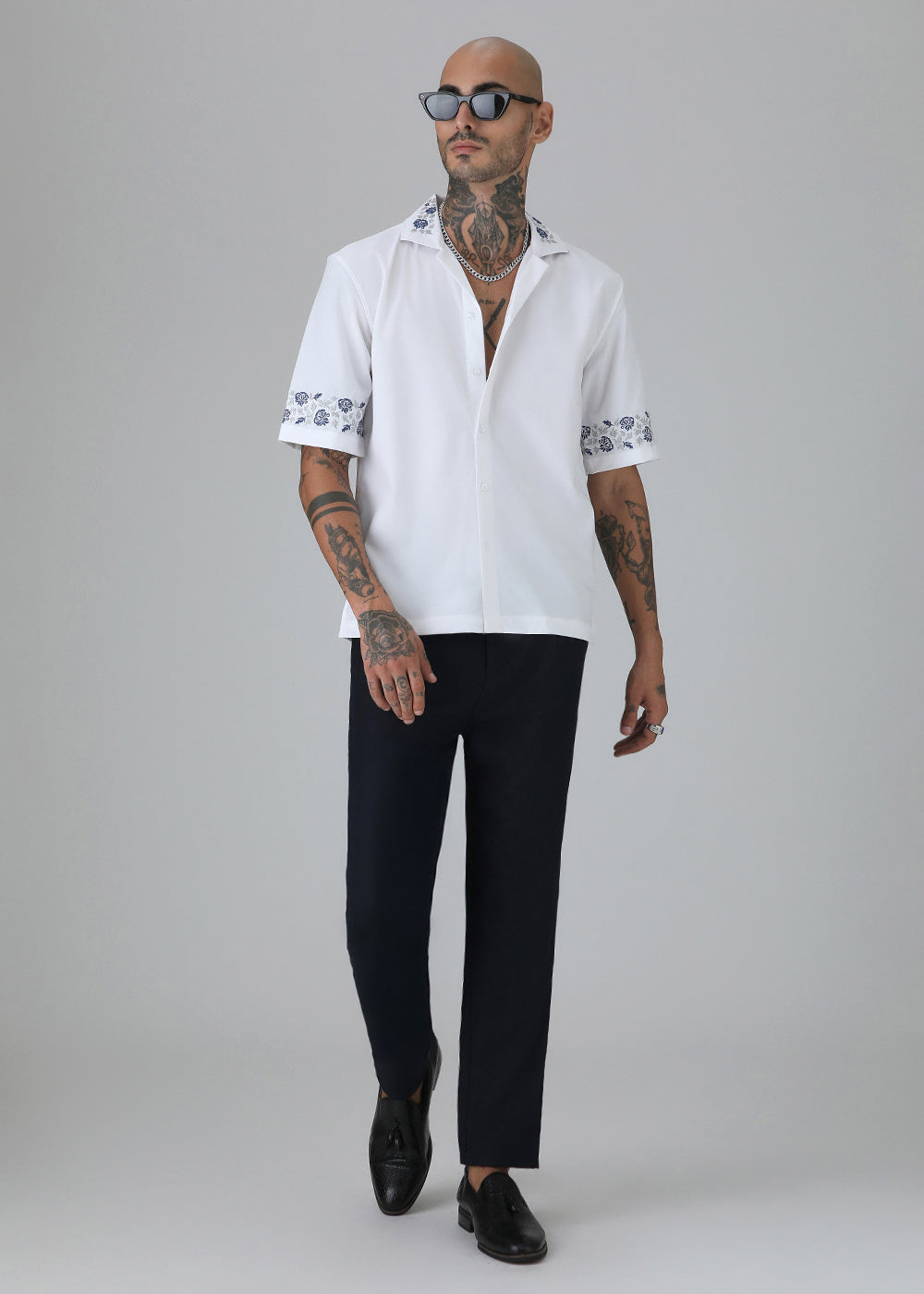 Blue Rose Embroidery White Shirt