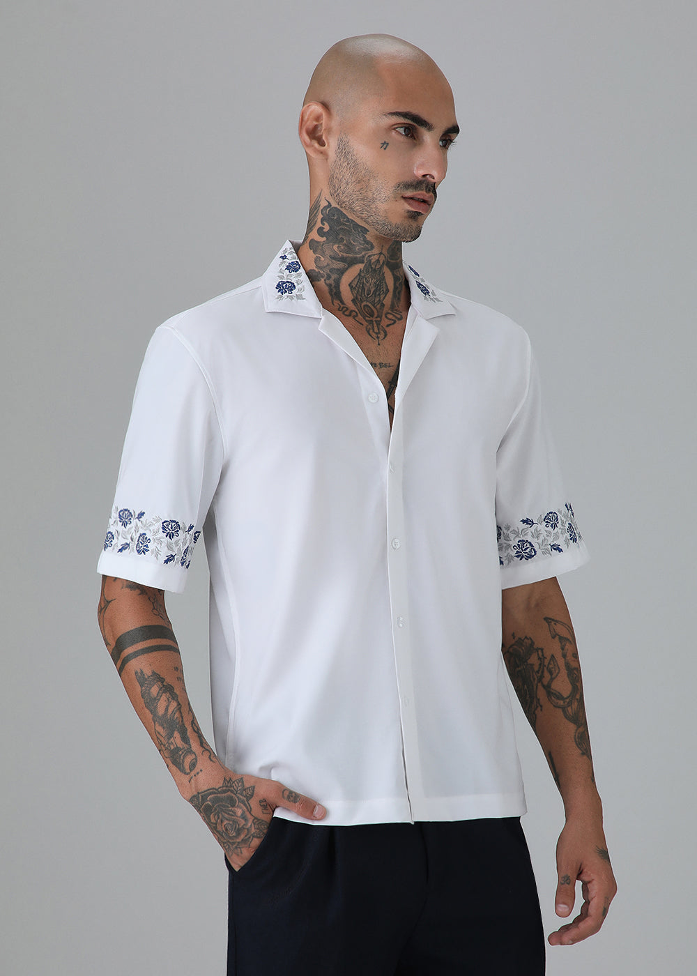 Blue Rose Embroidery White Shirt