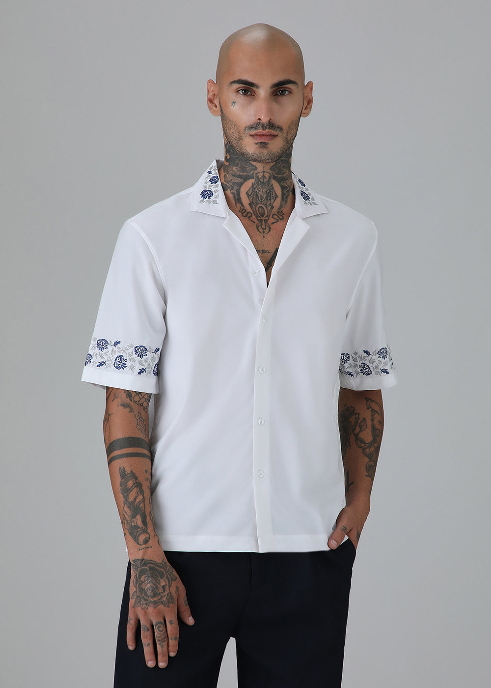 Blue Rose Embroidery White Shirt