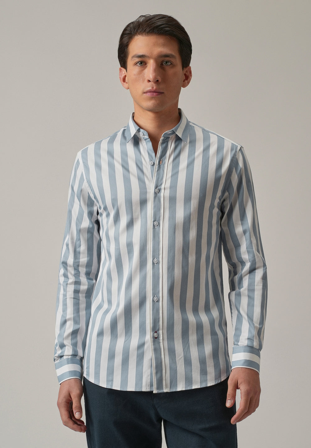 Blue Satin Striped Shirt