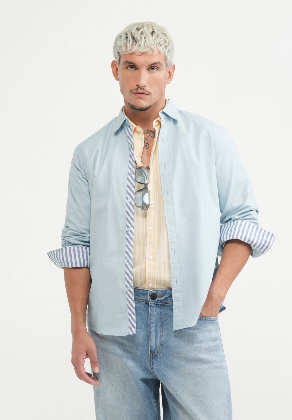 Blue Striped Placket Cotton Shirt