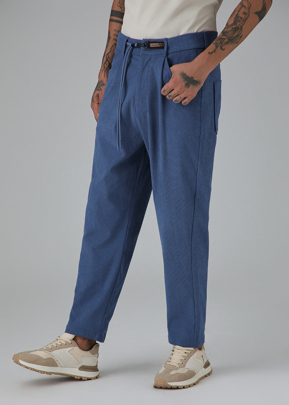 Blue Textured Corduroy Drawstring Pant