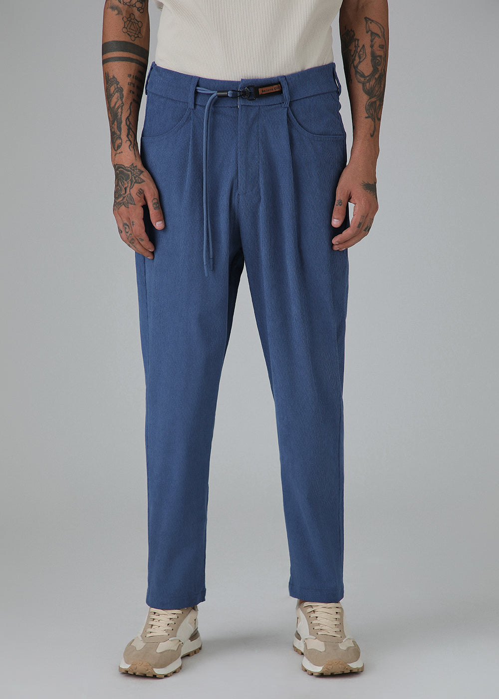 Blue Textured Corduroy Drawstring Pant