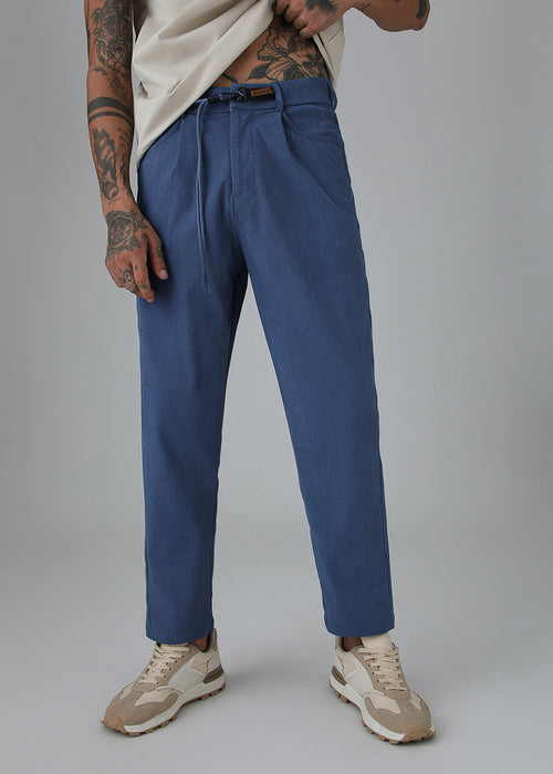 Blue Textured Corduroy Drawstring Pant