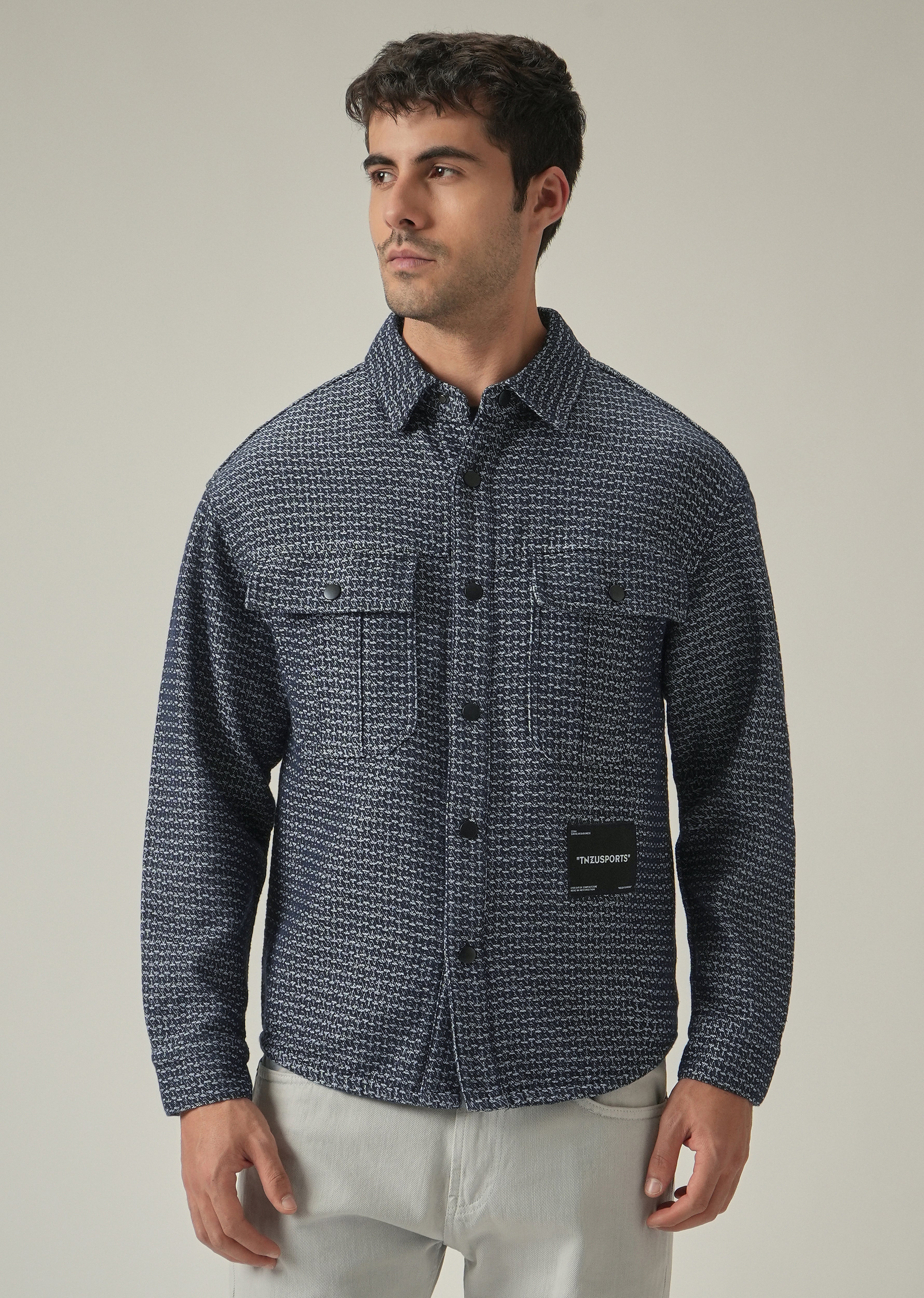 Blue Textured Denim Jacquard Jacket