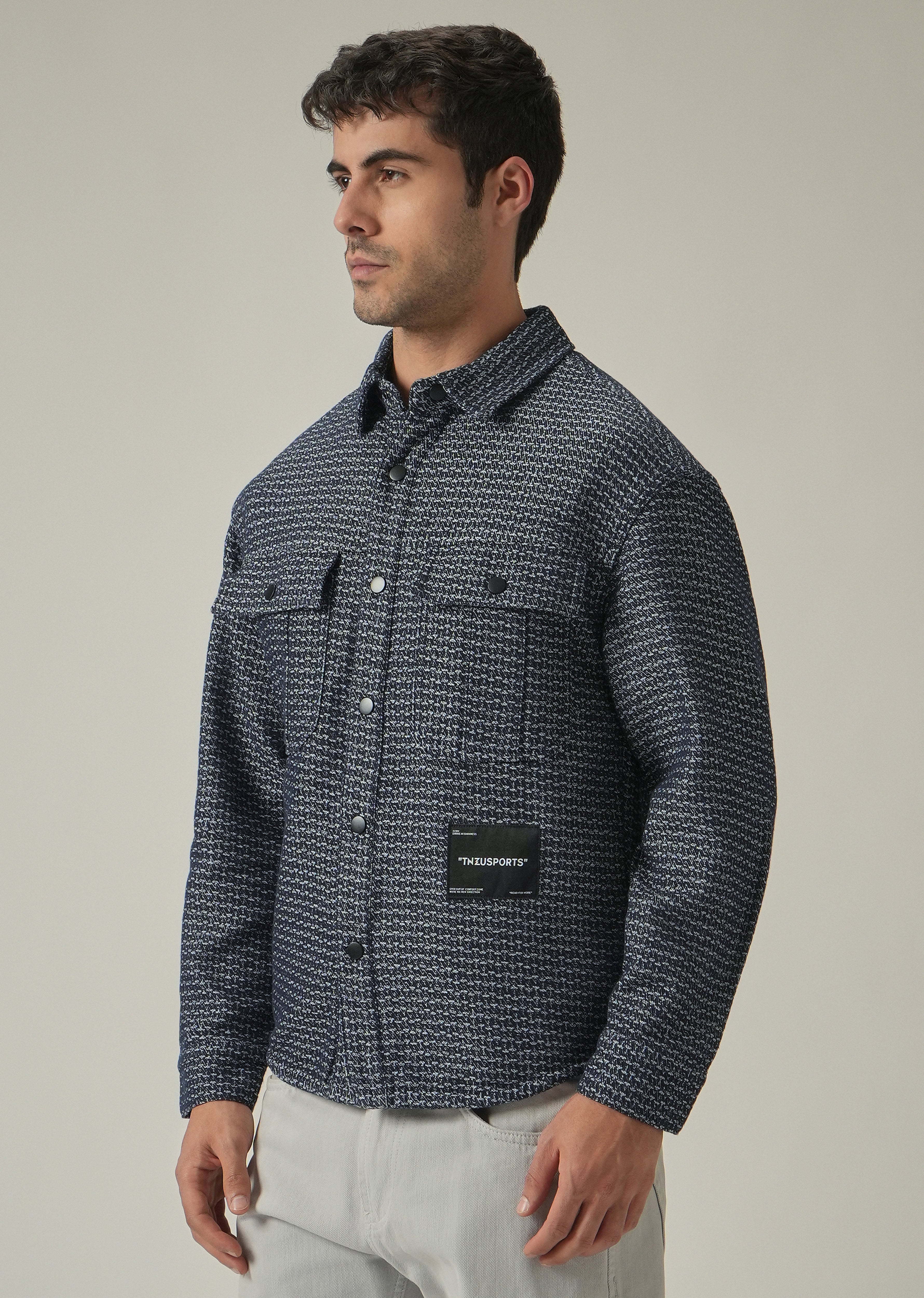 Blue Textured Denim Jacquard Jacket