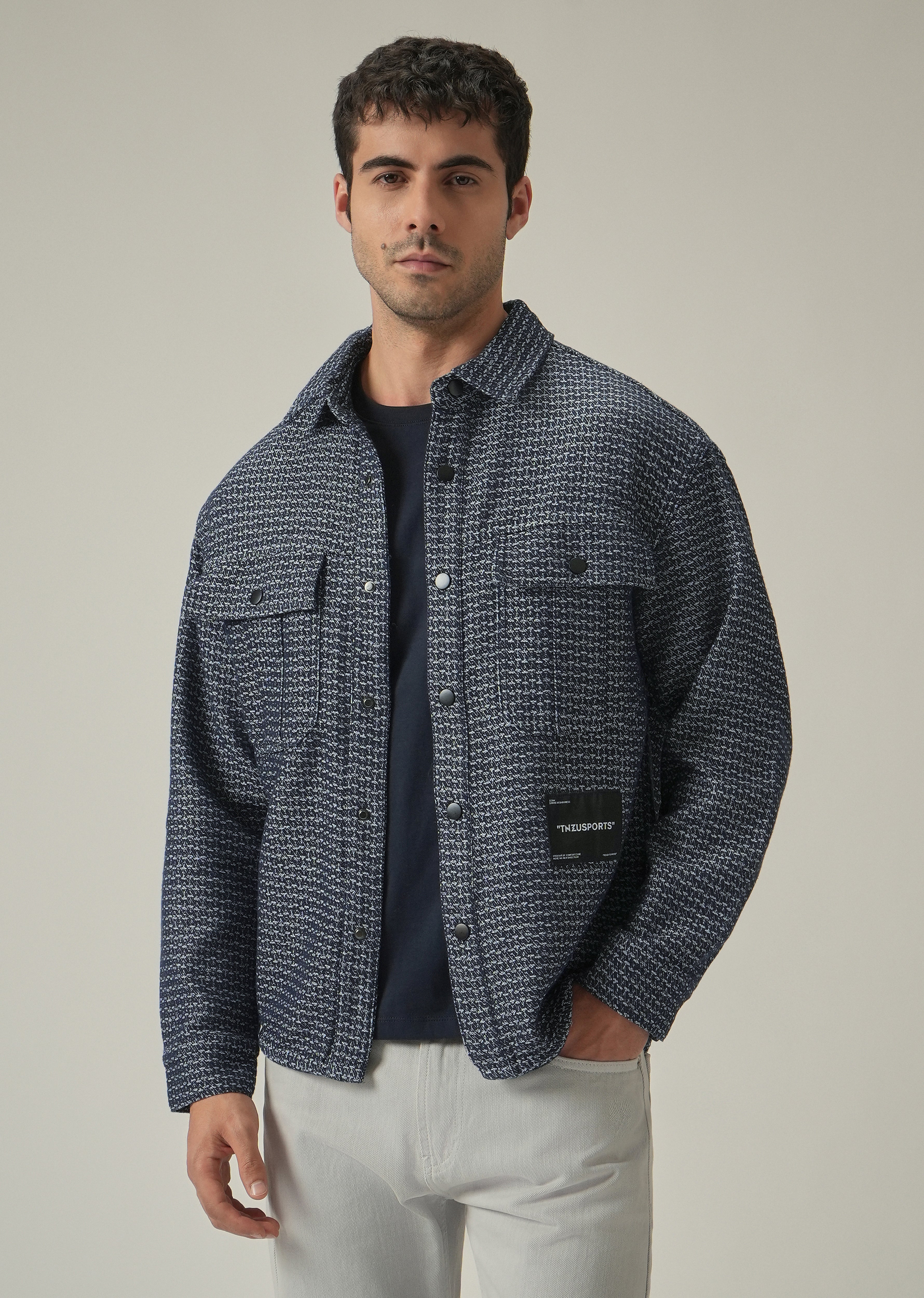 Blue Textured Denim Jacquard Jacket