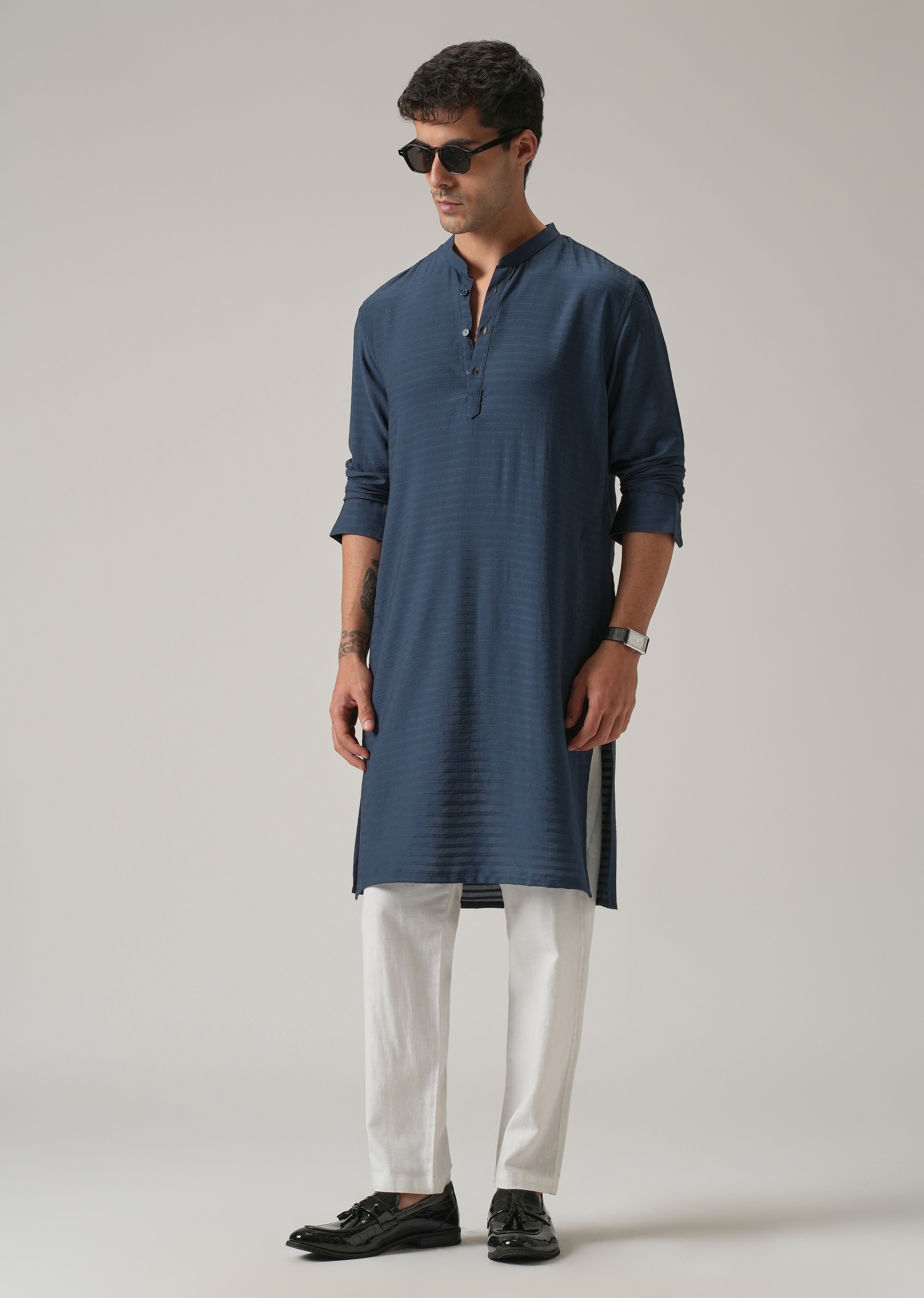 Blue Nylon Self Stripe Kurta