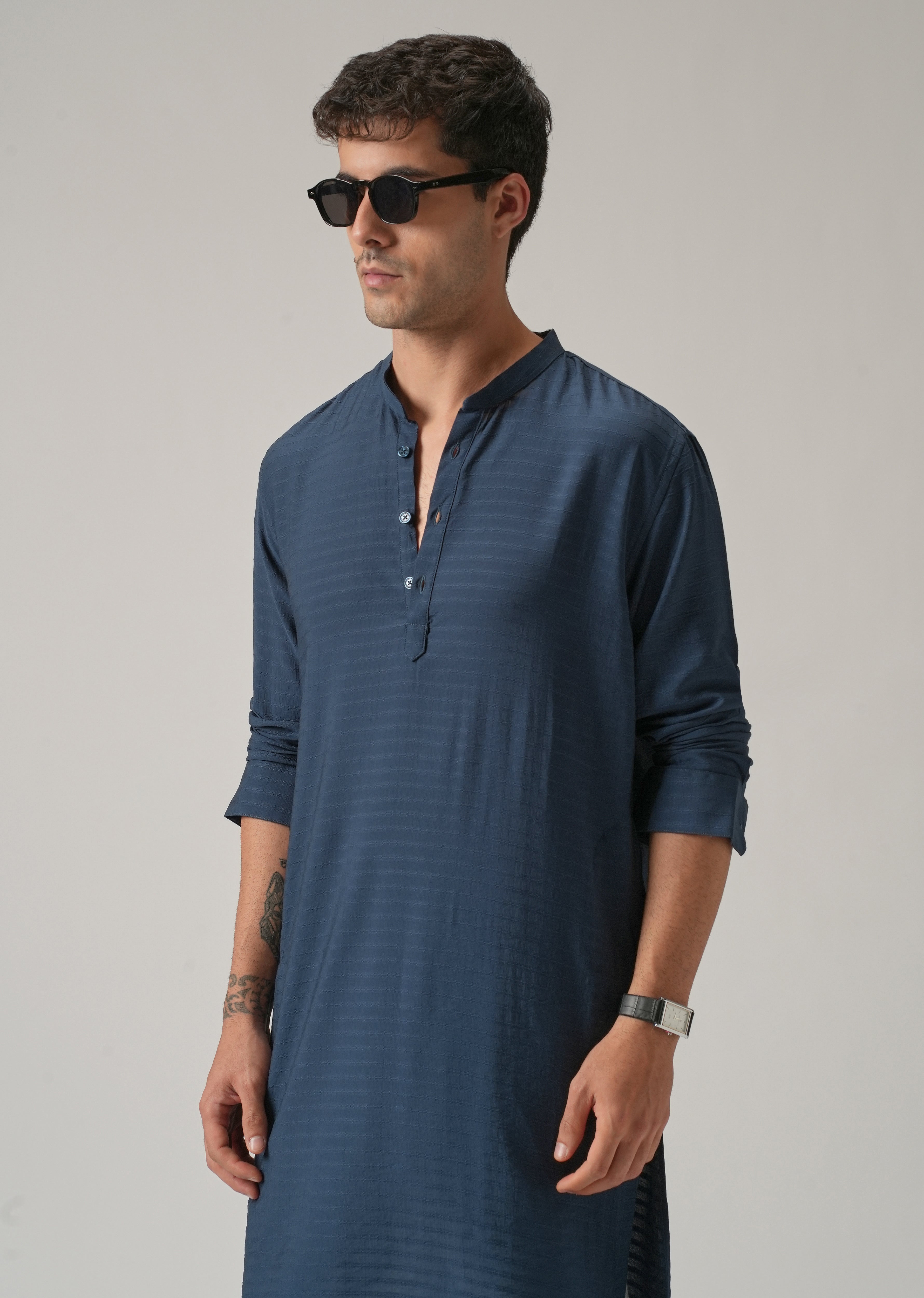 Blue Nylon Self Stripe Kurta